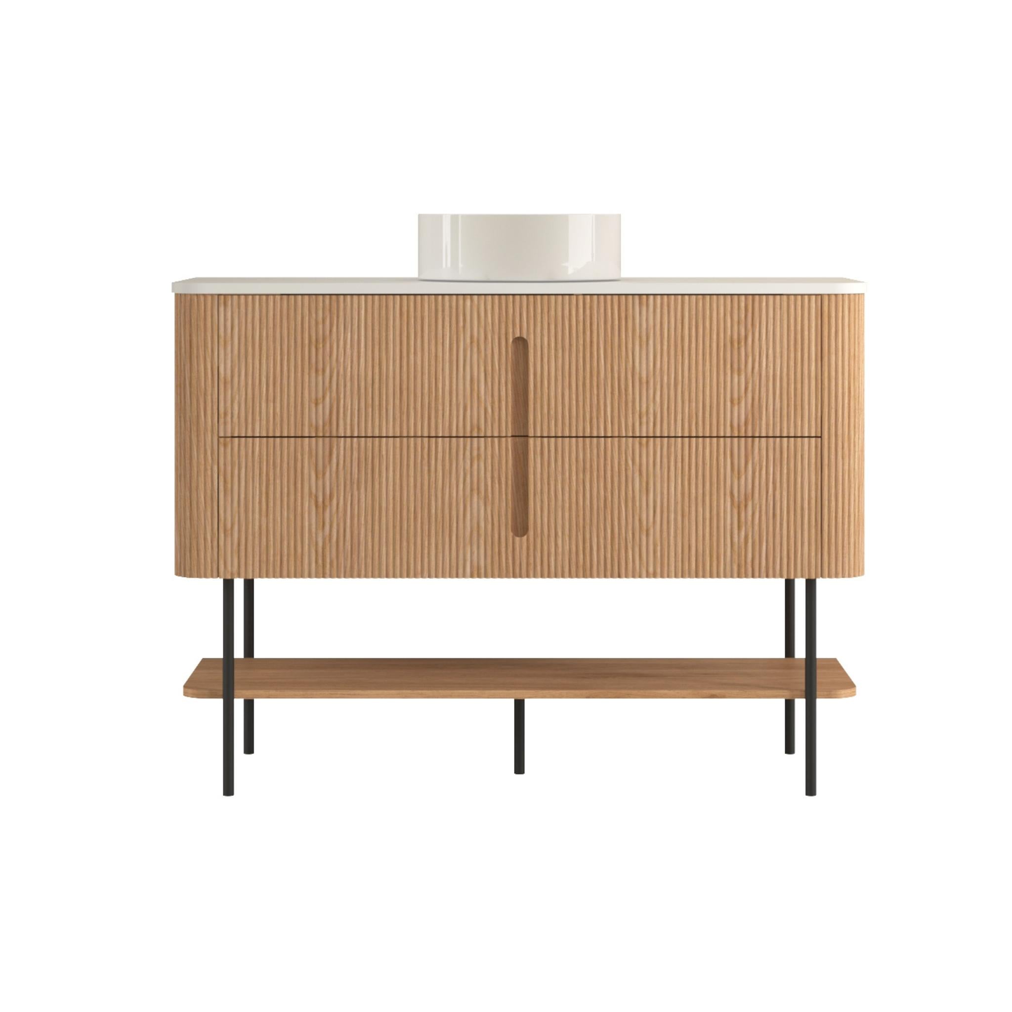 ORIO PINE LIGHT WALNUT FLUTED 1200MM CURVE SINGLE BOWL FLOOR STANDING VANITY