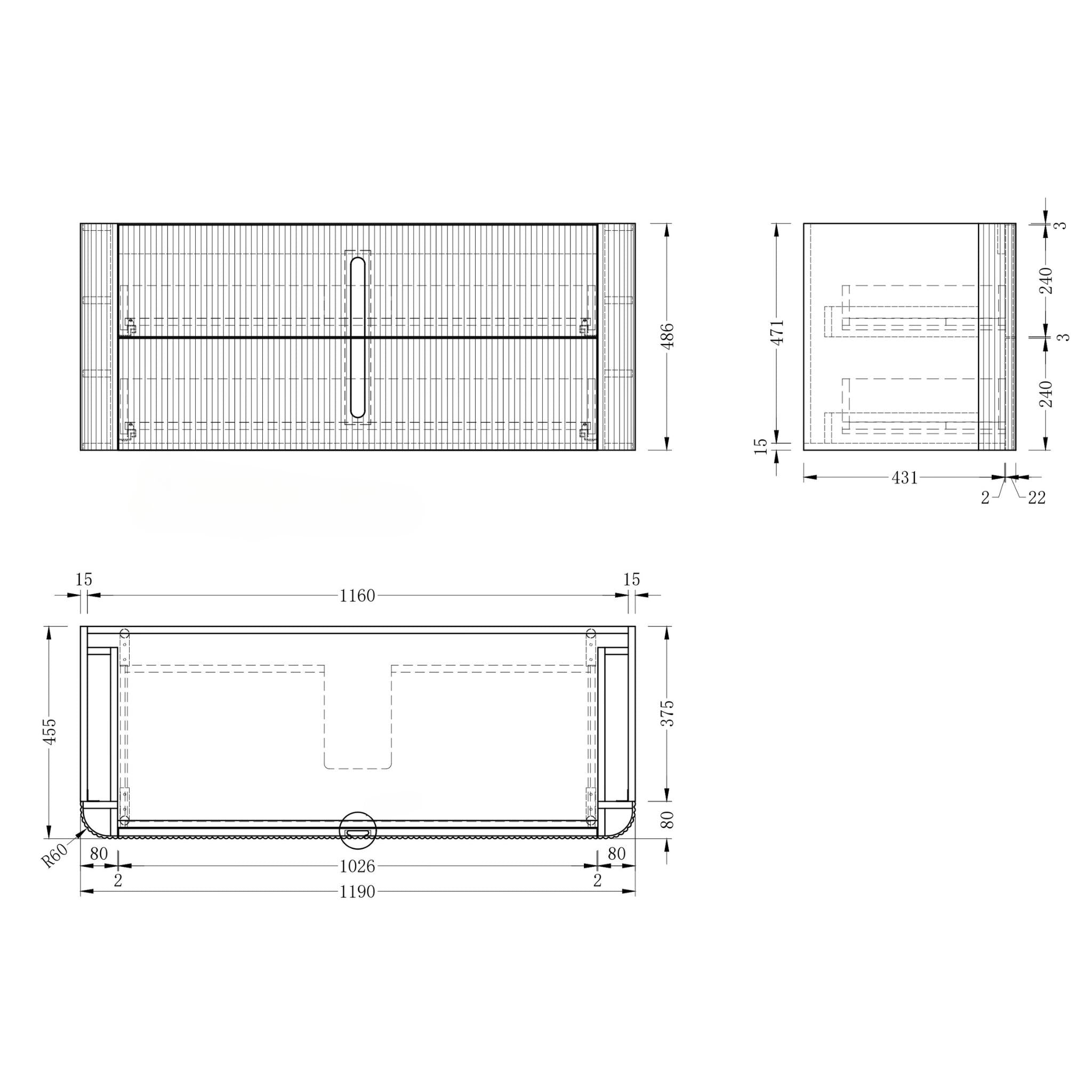 ORIO PINE LIGHT WALNUT FLUTED 1200MM CURVE SINGLE BOWL WALL HUNG VANITY