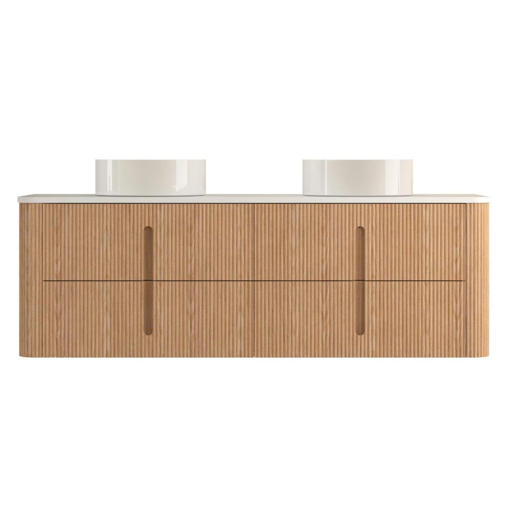 ORIO PINE LIGHT WALNUT FLUTED 1500MM CURVE DOUBLE BOWL WALL HUNG VANITY