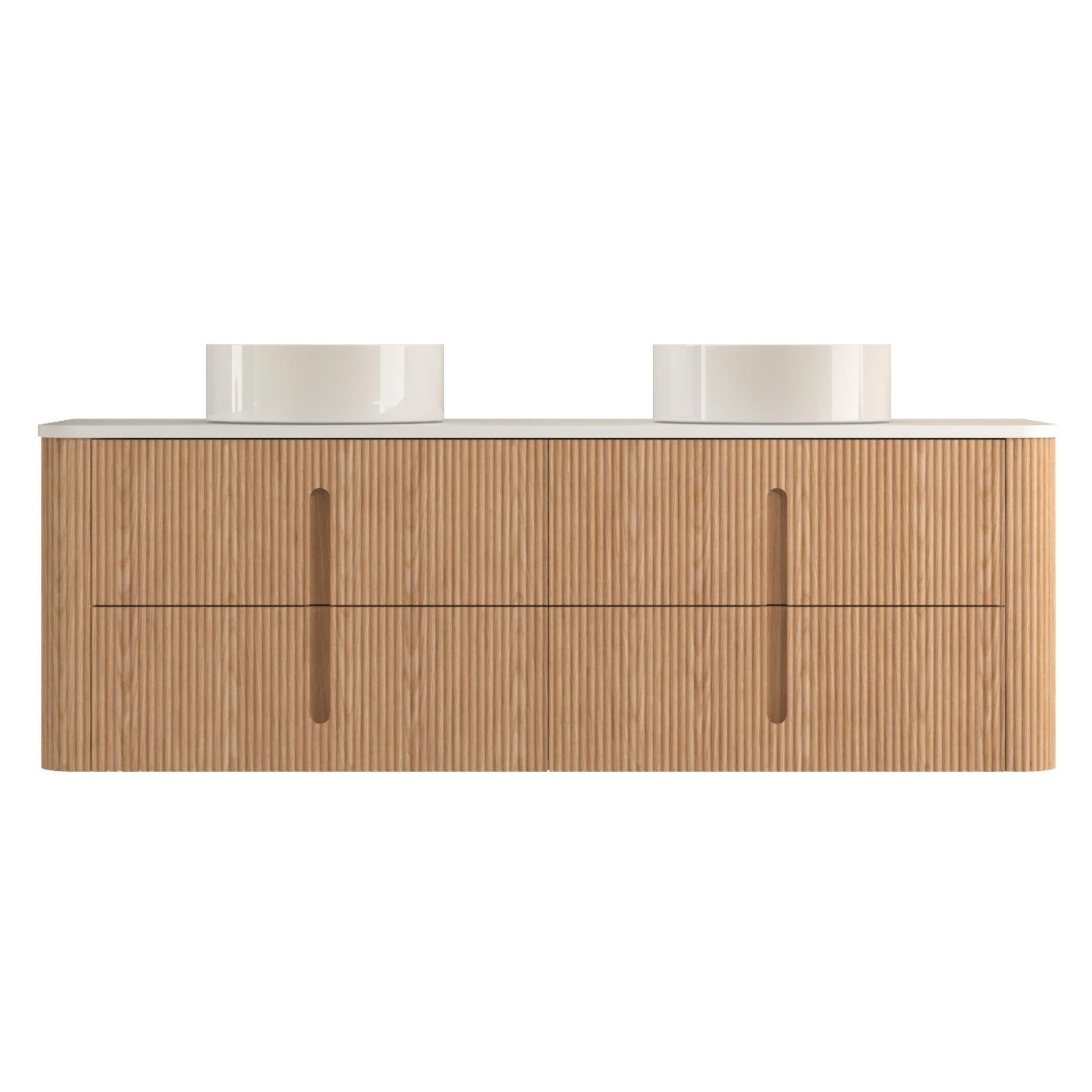 ORIO PINE LIGHT WALNUT FLUTED 1500MM CURVE DOUBLE BOWL WALL HUNG VANITY