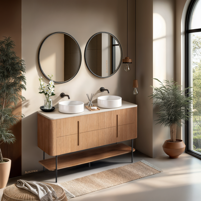 ORIO PINE LIGHT WALNUT FLUTED 1500MM CURVE DOUBLE BOWL FLOOR STANDING VANITY