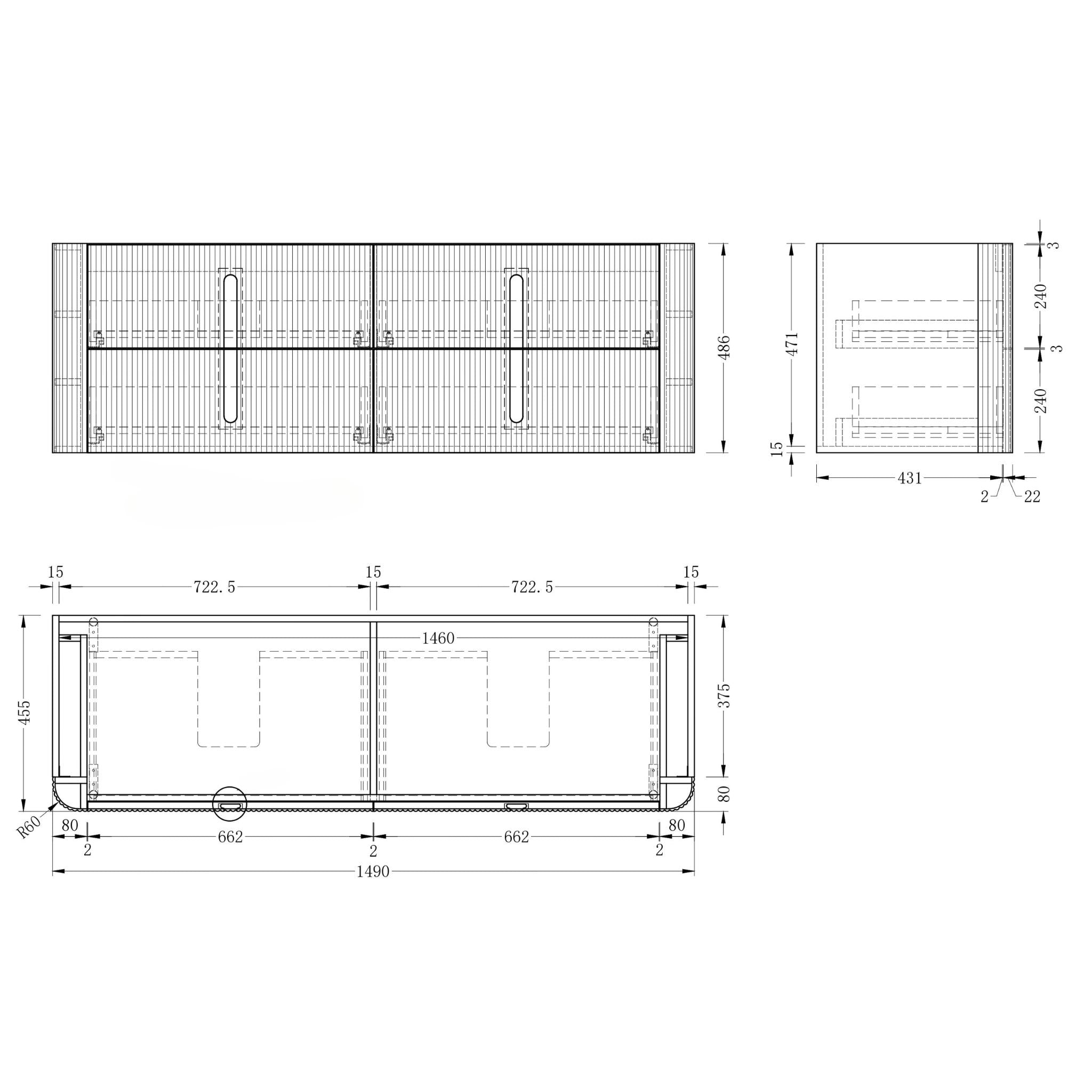 ORIO PINE LIGHT WALNUT FLUTED 1500MM CURVE DOUBLE BOWL WALL HUNG VANITY