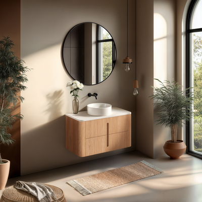 ORIO PINE LIGHT WALNUT FLUTED 900MM CURVE SINGLE BOWL WALL HUNG VANITY