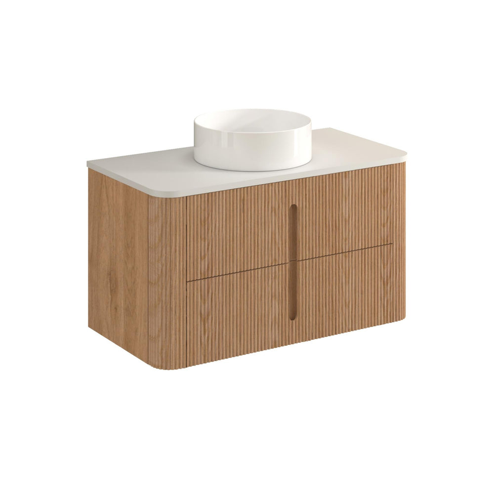 ORIO PINE LIGHT WALNUT FLUTED 900MM CURVE SINGLE BOWL WALL HUNG VANITY