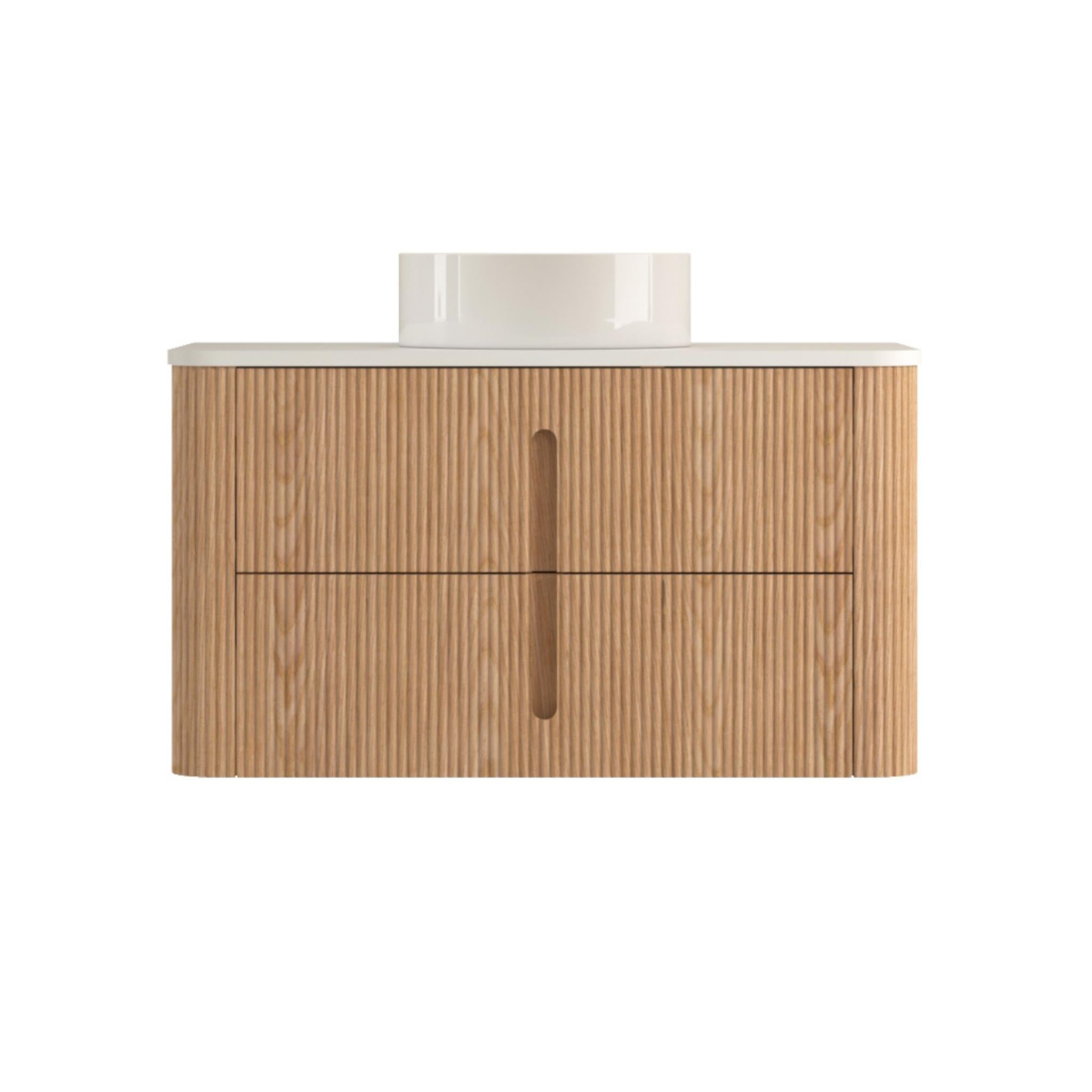 ORIO PINE LIGHT WALNUT FLUTED 900MM CURVE SINGLE BOWL WALL HUNG VANITY