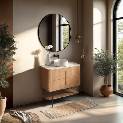 ORIO PINE LIGHT WALNUT FLUTED 900MM CURVE SINGLE BOWL FLOOR STANDING VANITY