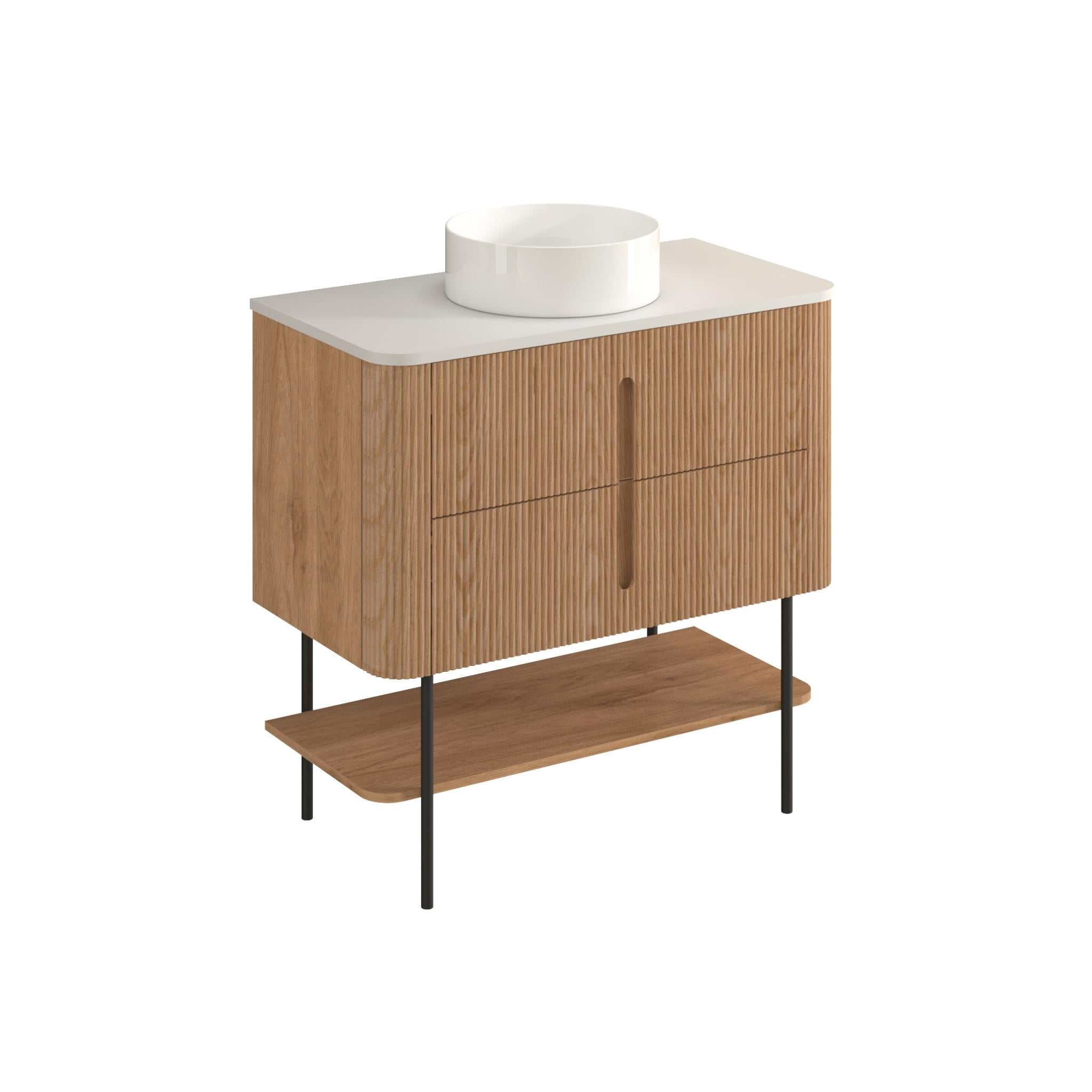 ORIO PINE LIGHT WALNUT FLUTED 900MM CURVE SINGLE BOWL FLOOR STANDING VANITY