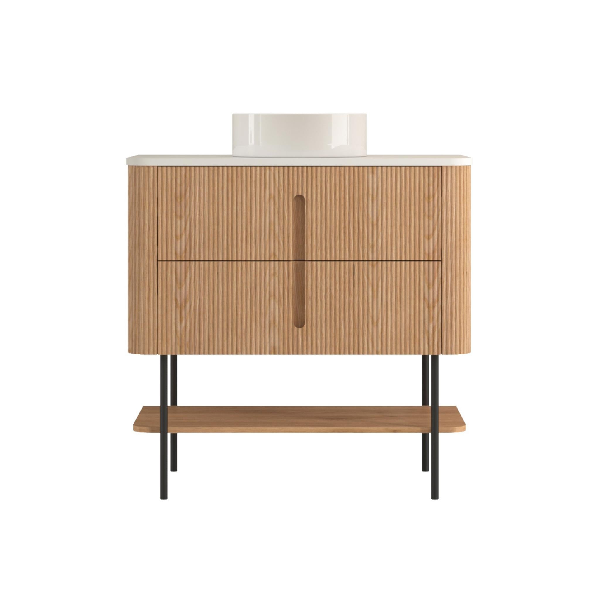 ORIO PINE LIGHT WALNUT FLUTED 900MM CURVE SINGLE BOWL FLOOR STANDING VANITY