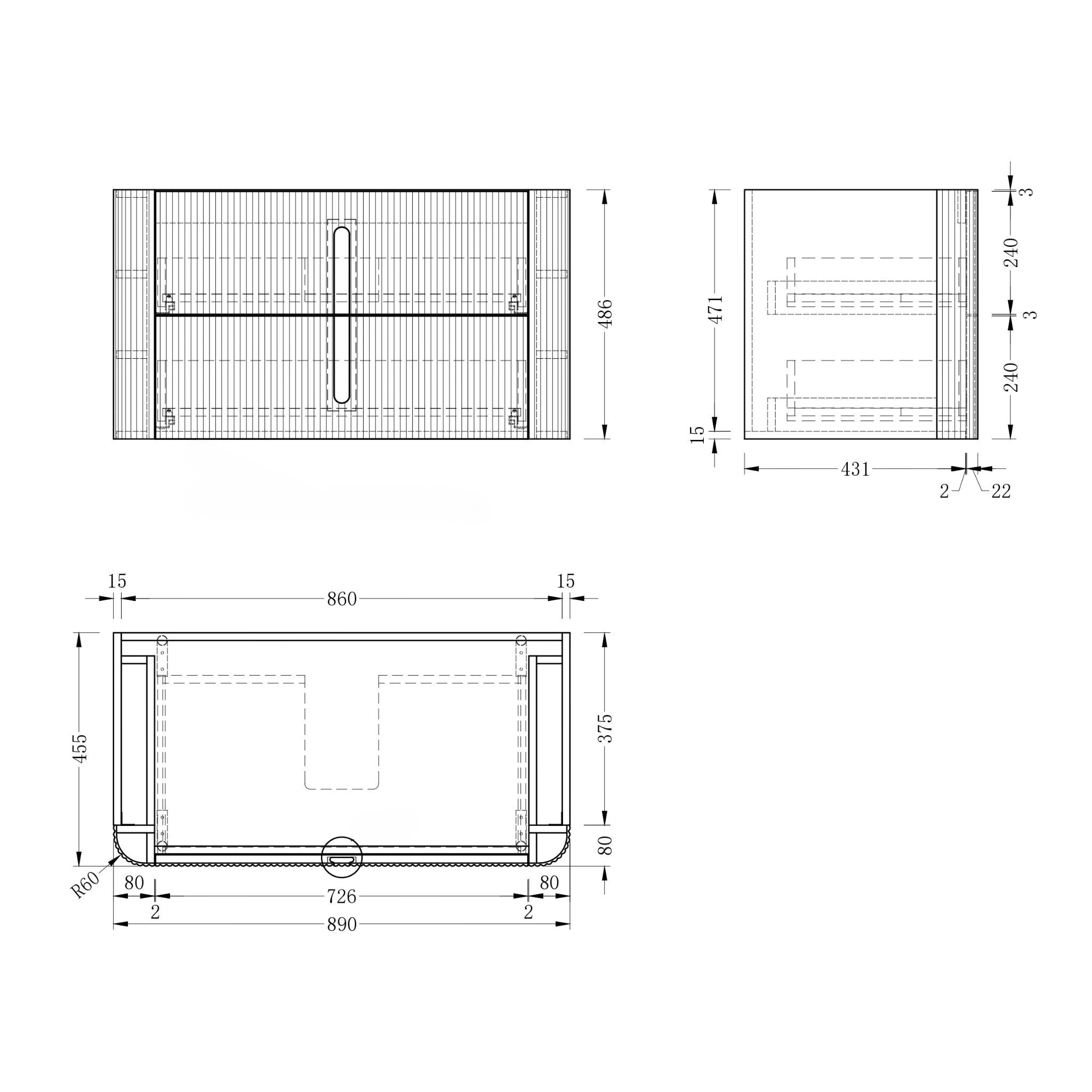 ORIO PINE LIGHT WALNUT FLUTED 900MM CURVE SINGLE BOWL WALL HUNG VANITY