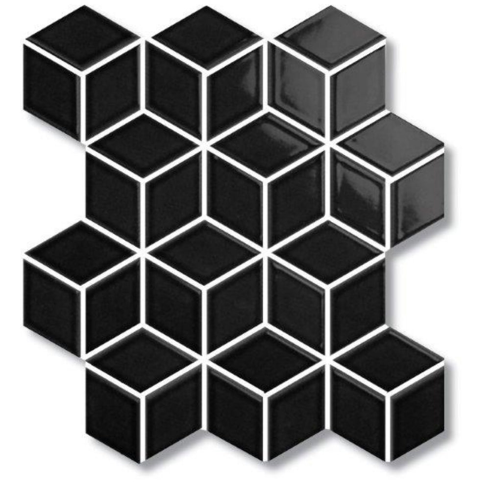 EVERSTONE COTTAGE DIAMOND CUBE BLACK MATTE 309X268MM MOSAIC TILE (PER BOX)