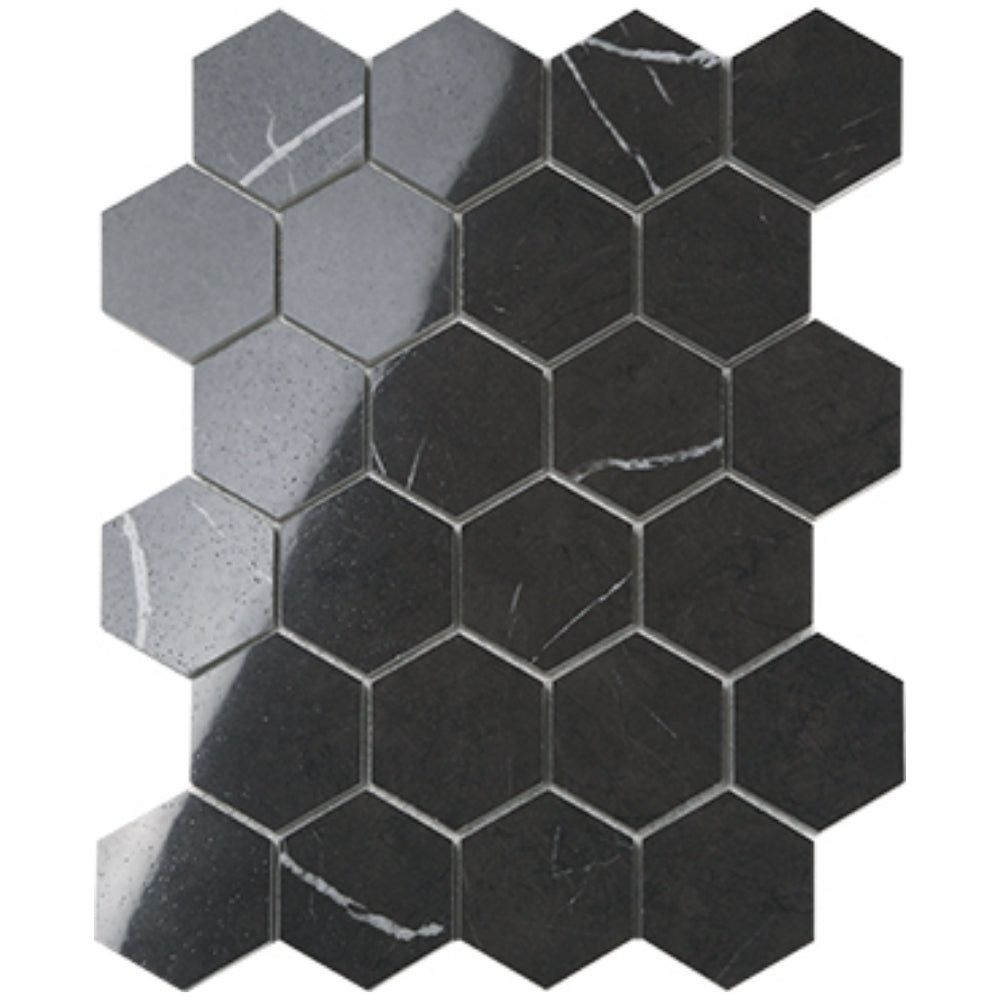 EVERSTONE EUROMARMO PIETRA GREY POLISHED 261X339MM HEXAGON MOSAIC TILE (PER BOX)