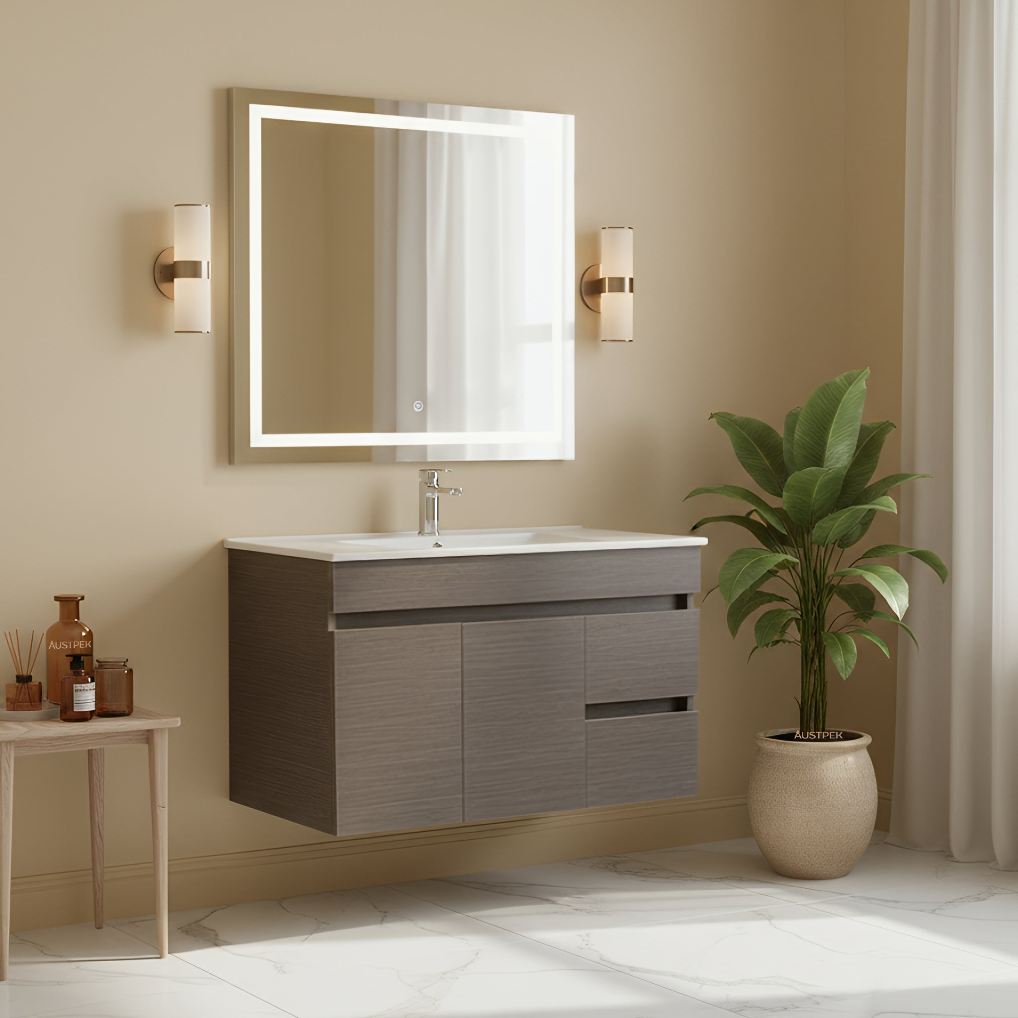 POSEIDON EVIE DARK BROWN 900MM SINGLE BOWL WALL HUNG VANITY (AVAILABLE IN LEFT HAND DRAWER AND RIGHT HAND DRAWER)