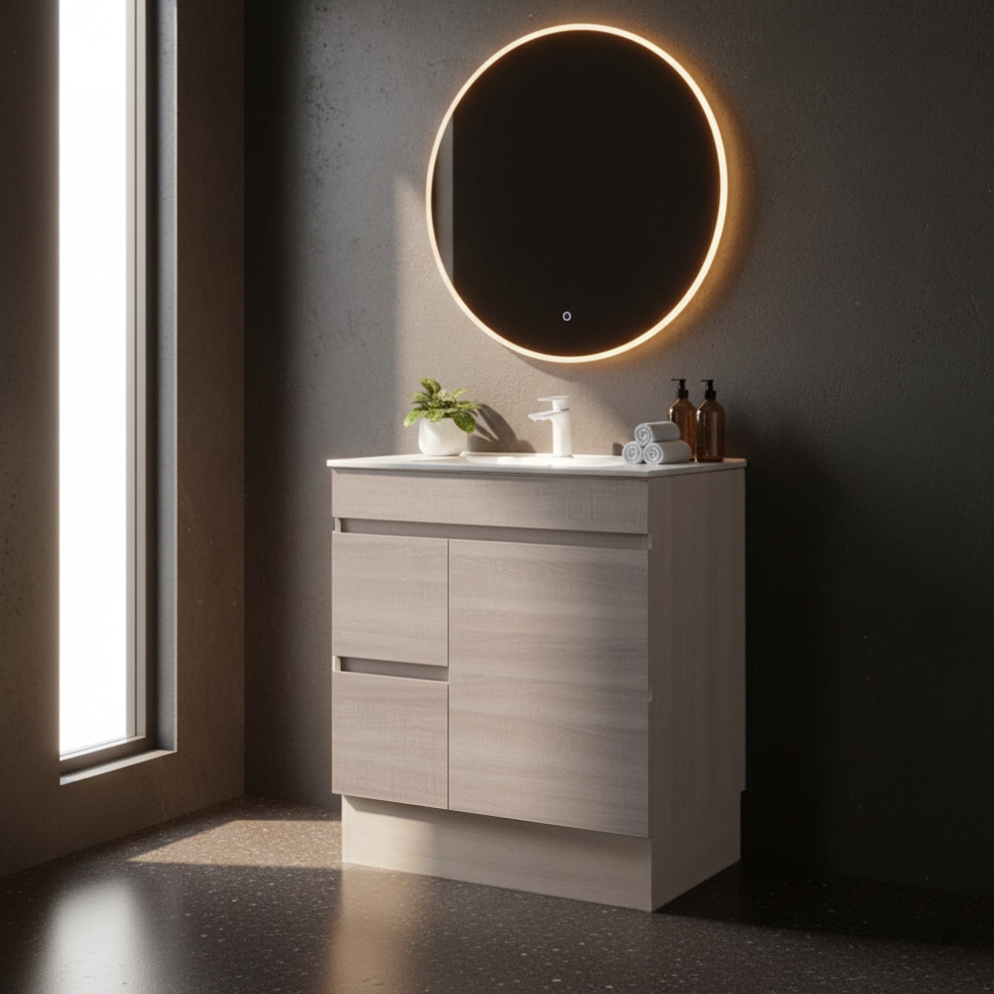 POSEIDON EVIE OAK 750MM SINGLE BOWL FLOOR STANDING VANITY (AVAILABLE IN LEFT HAND DRAWER AND RIGHT HAND DRAWER)