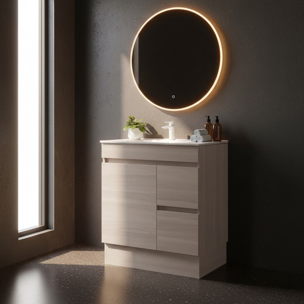 POSEIDON EVIE OAK 750MM SINGLE BOWL FLOOR STANDING VANITY WITH KICKBOARD (AVAILABLE IN LEFT AND RIGHT HAND DRAWER)