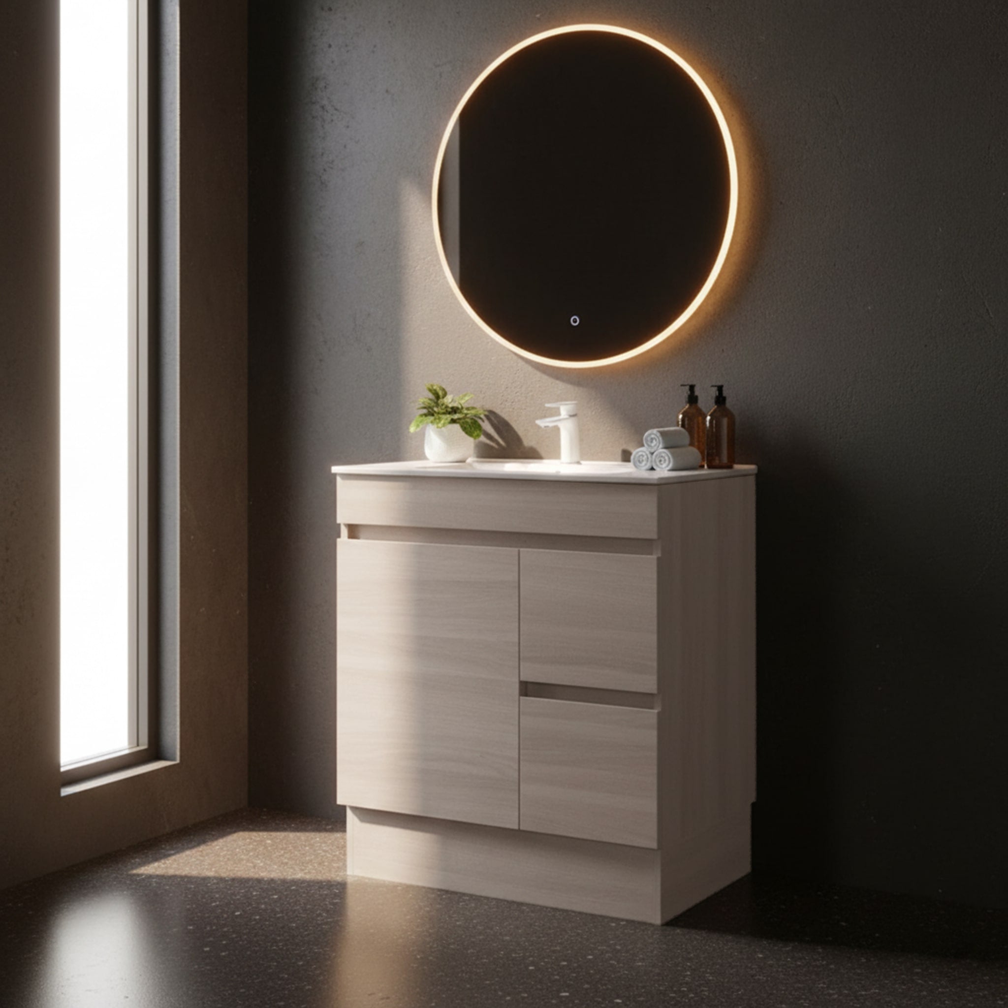 POSEIDON EVIE OAK 750MM SINGLE BOWL FLOOR STANDING VANITY (AVAILABLE IN LEFT HAND DRAWER AND RIGHT HAND DRAWER)