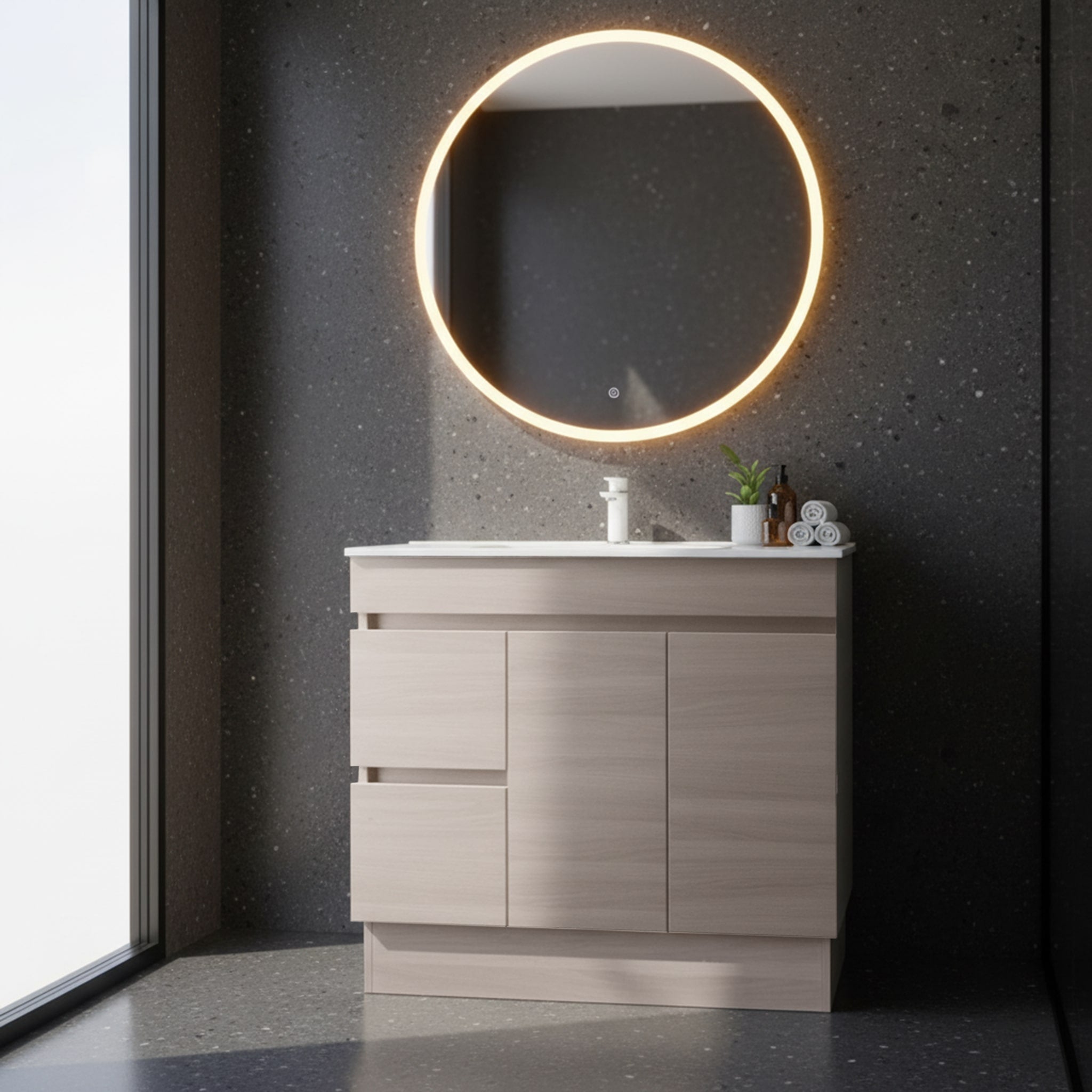 POSEIDON EVIE OAK 900MM SINGLE BOWL FLOOR STANDING VANITY (AVAILABLE IN LEFT HAND DRAWER AND RIGHT HAND DRAWER)