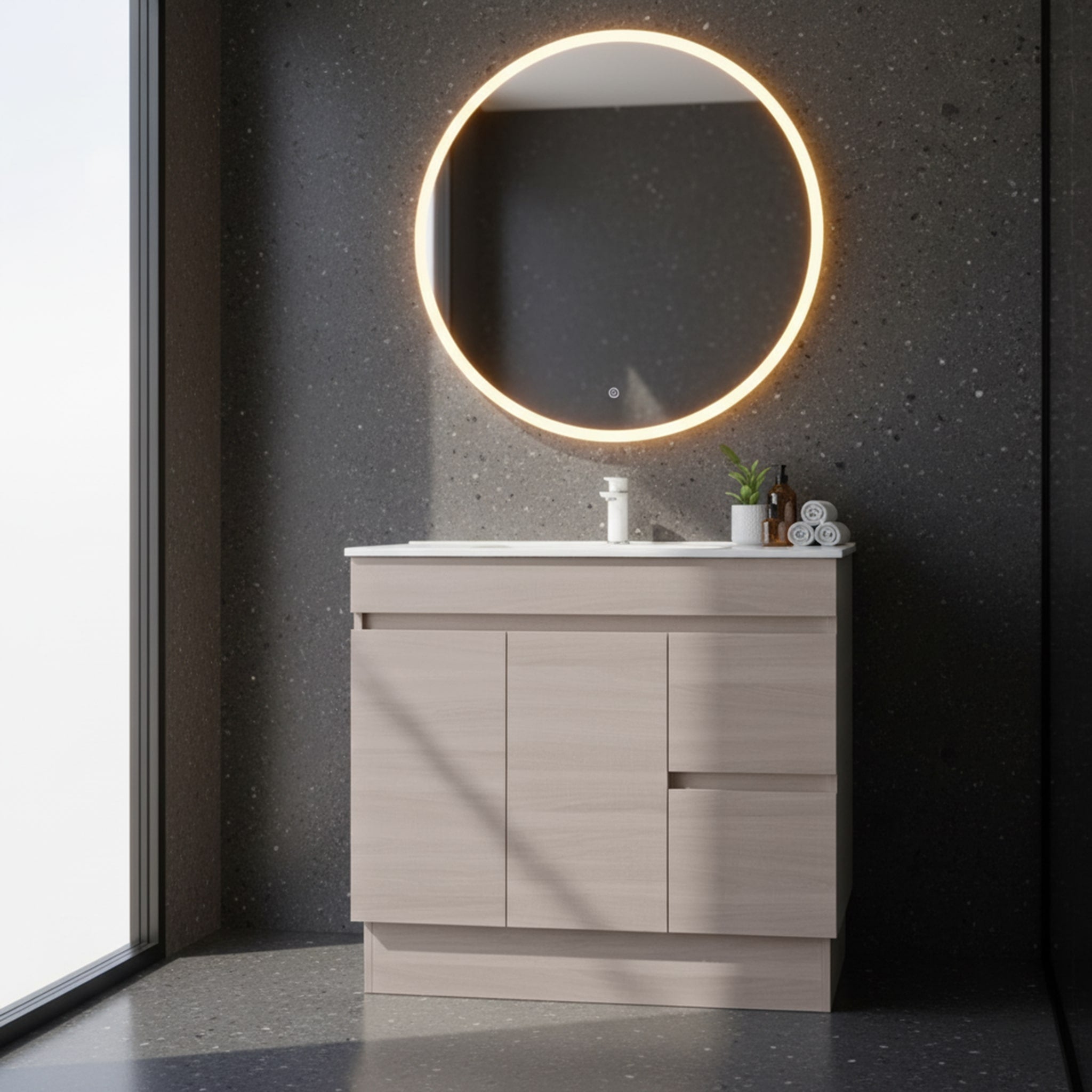 POSEIDON EVIE OAK 900MM SINGLE BOWL FLOOR STANDING VANITY (AVAILABLE IN LEFT HAND DRAWER AND RIGHT HAND DRAWER)