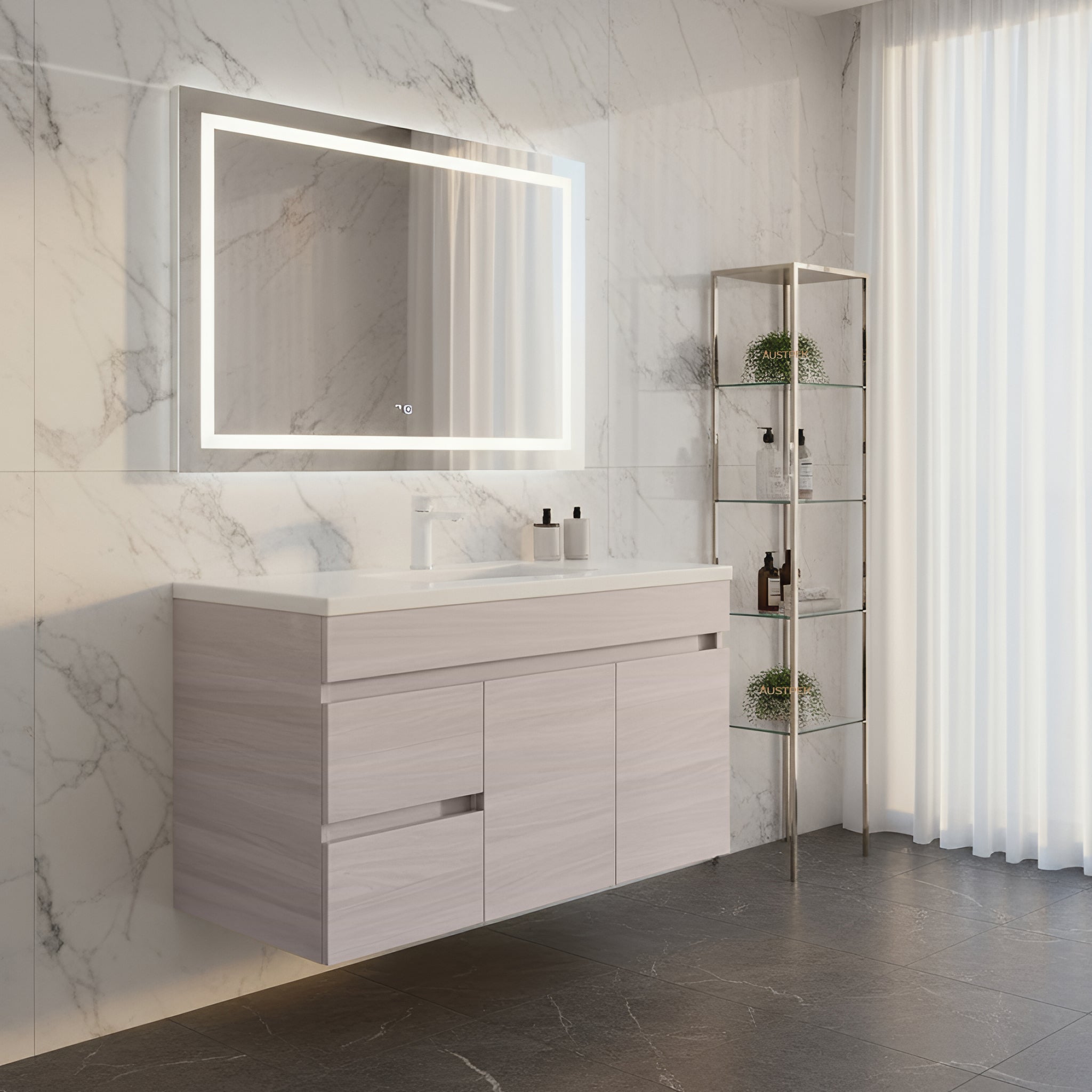 POSEIDON EVIE OAK 900MM SINGLE BOWL WALL HUNG VANITY(AVAILABLE IN LEFT AND RIGHT HAND DRAWER)