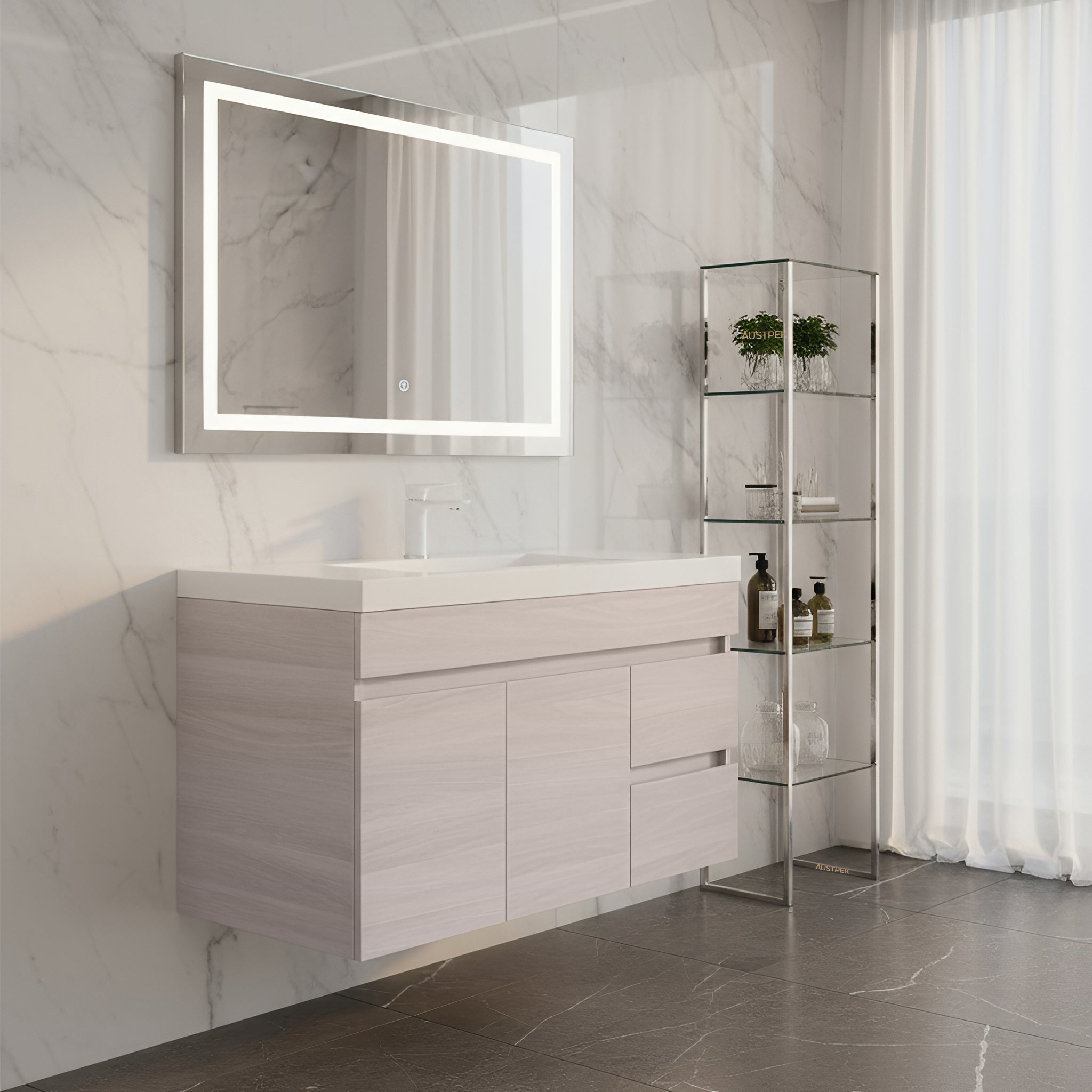 POSEIDON EVIE OAK 900MM SINGLE BOWL WALL HUNG VANITY(AVAILABLE IN LEFT AND RIGHT HAND DRAWER)