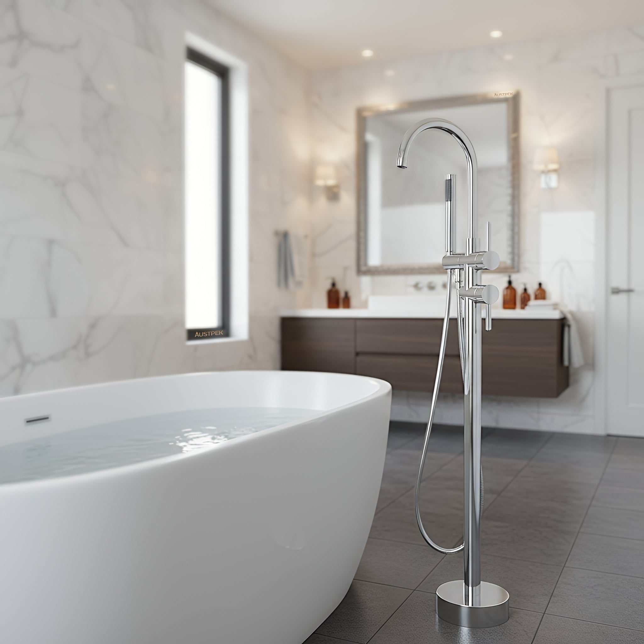 POSEIDON FREE STANDING BATH FILLER WITH HAND HELD SHOWER CHROME