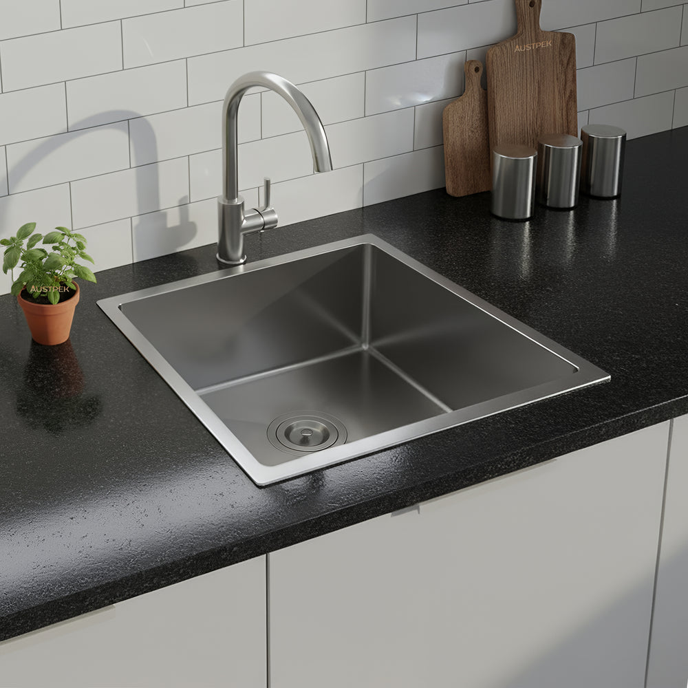 POSEIDON HANDMADE SINGLE BOWL UNDERMOUNT KITCHEN SINK STAINLESS STEEL 390MM