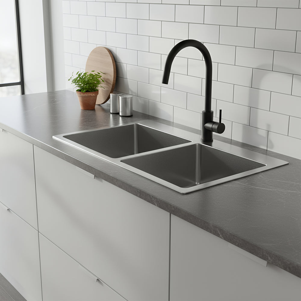 POSEIDON HANDMADE DOUBLE BOWL TOPMOUNT KITCHEN SINK WITH TAPHOLE STAINLESS STEEL 775MM