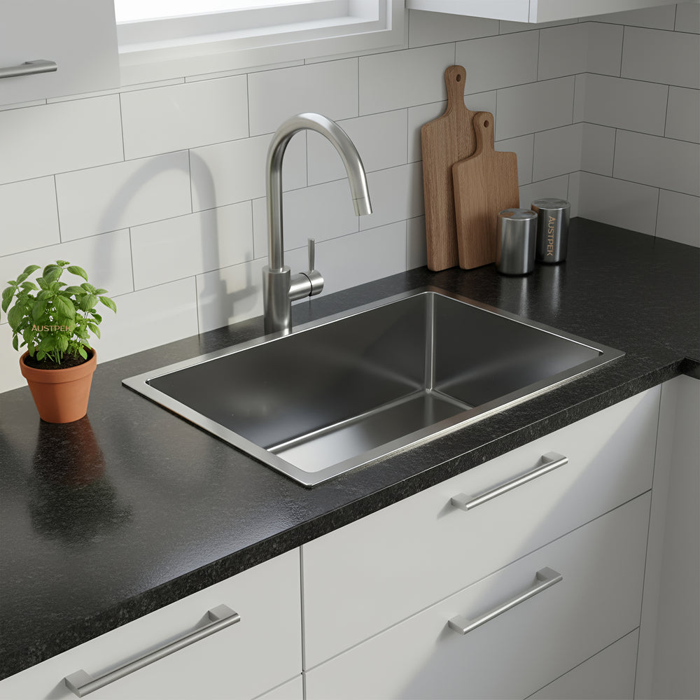 POSEIDON HANDMADE SINGLE BOWL TOP / UNDERMOUNT KITCHEN SINK STAINLESS STEEL 810MM