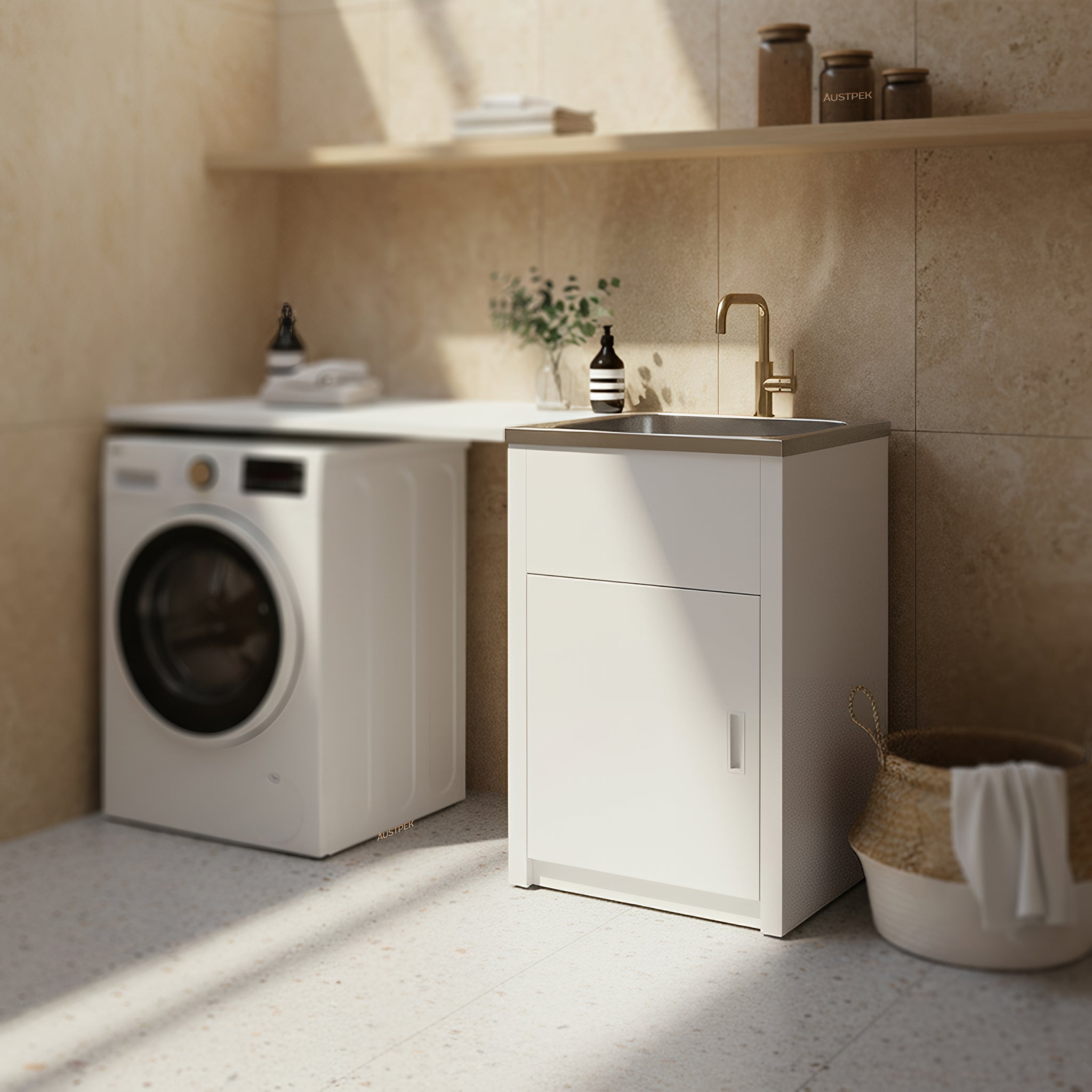 POSEIDON LAUNDRY CABINET AND STAINLESS STEEL TUB 455MM WHITE
