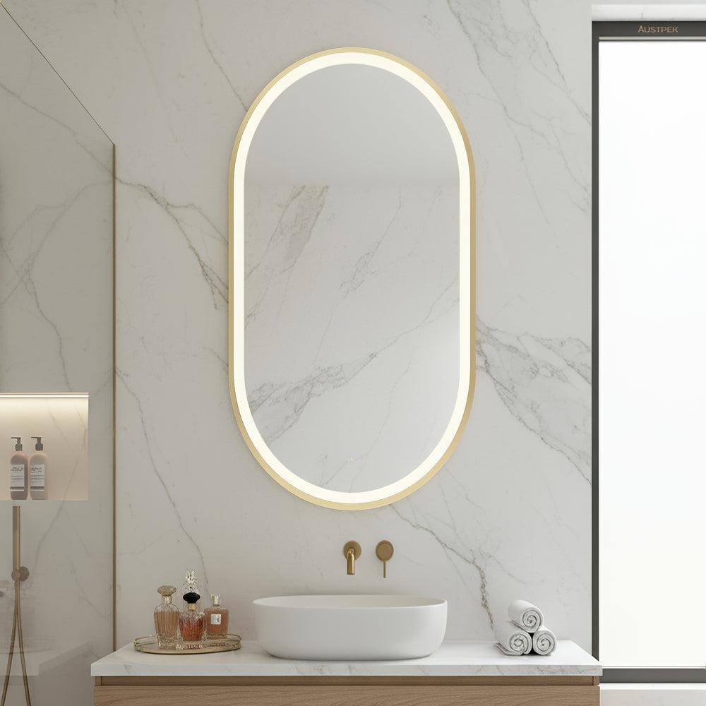POSEIDON OLIVIA OVAL IRON FRAMED FRONTLIT LED MIRROR BRUSHED GOLD 600X1000MM