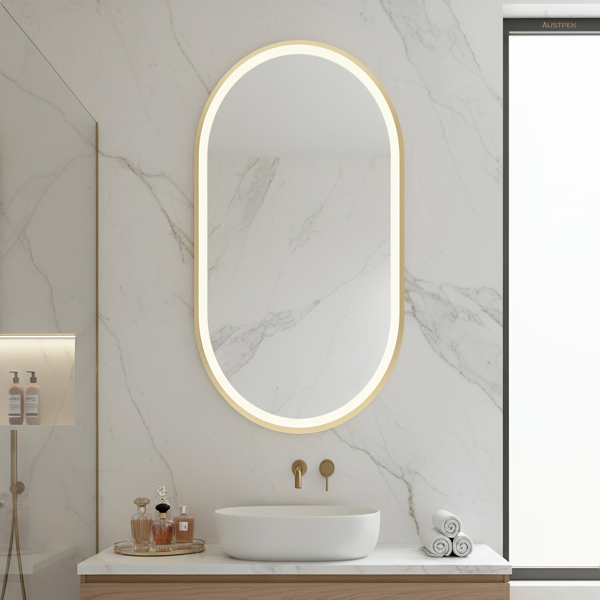 POSEIDON OLIVIA OVAL IRON FRAMED FRONTLIT LED MIRROR BRUSHED GOLD 600X1000MM