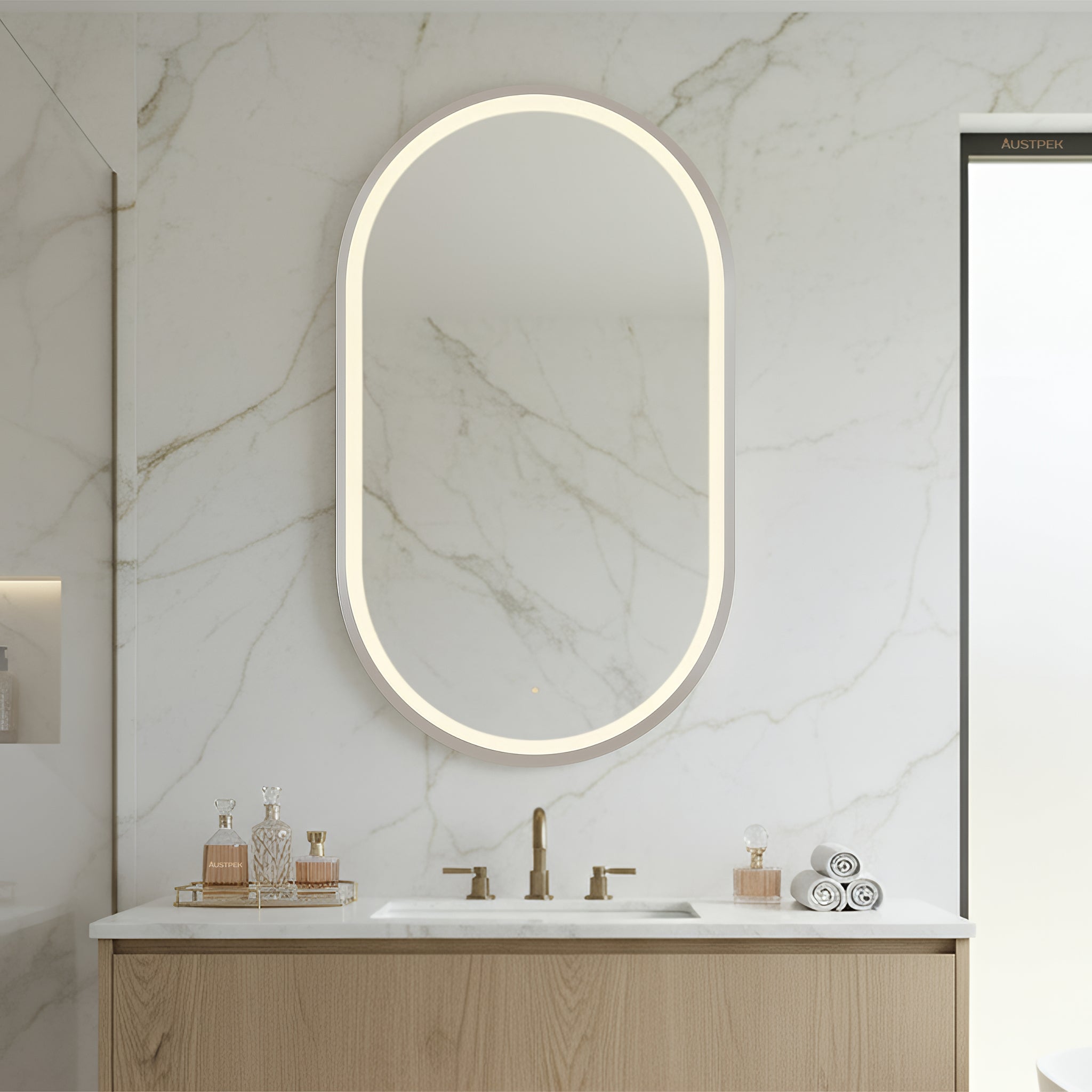 POSEIDON OLIVIA OVAL IRON FRAMED FRONTLIT LED MIRROR BRUSHED NICKEL 450X900MM