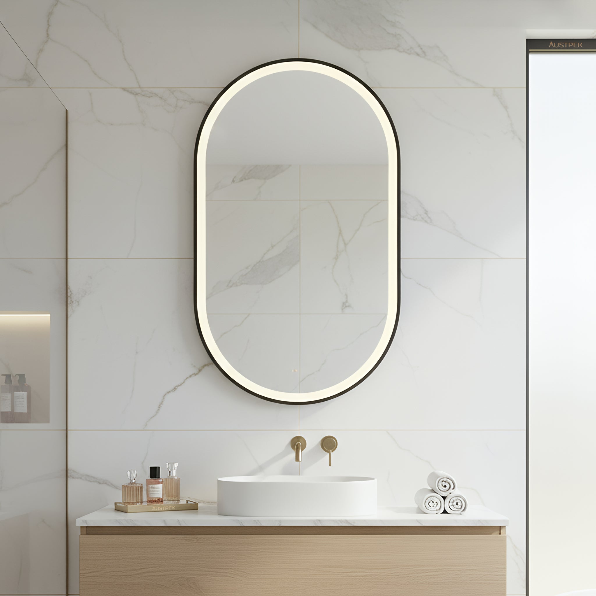 POSEIDON OLIVIA OVAL IRON FRAMED FRONTLIT LED MIRROR MATTE BLACK 450X900MM