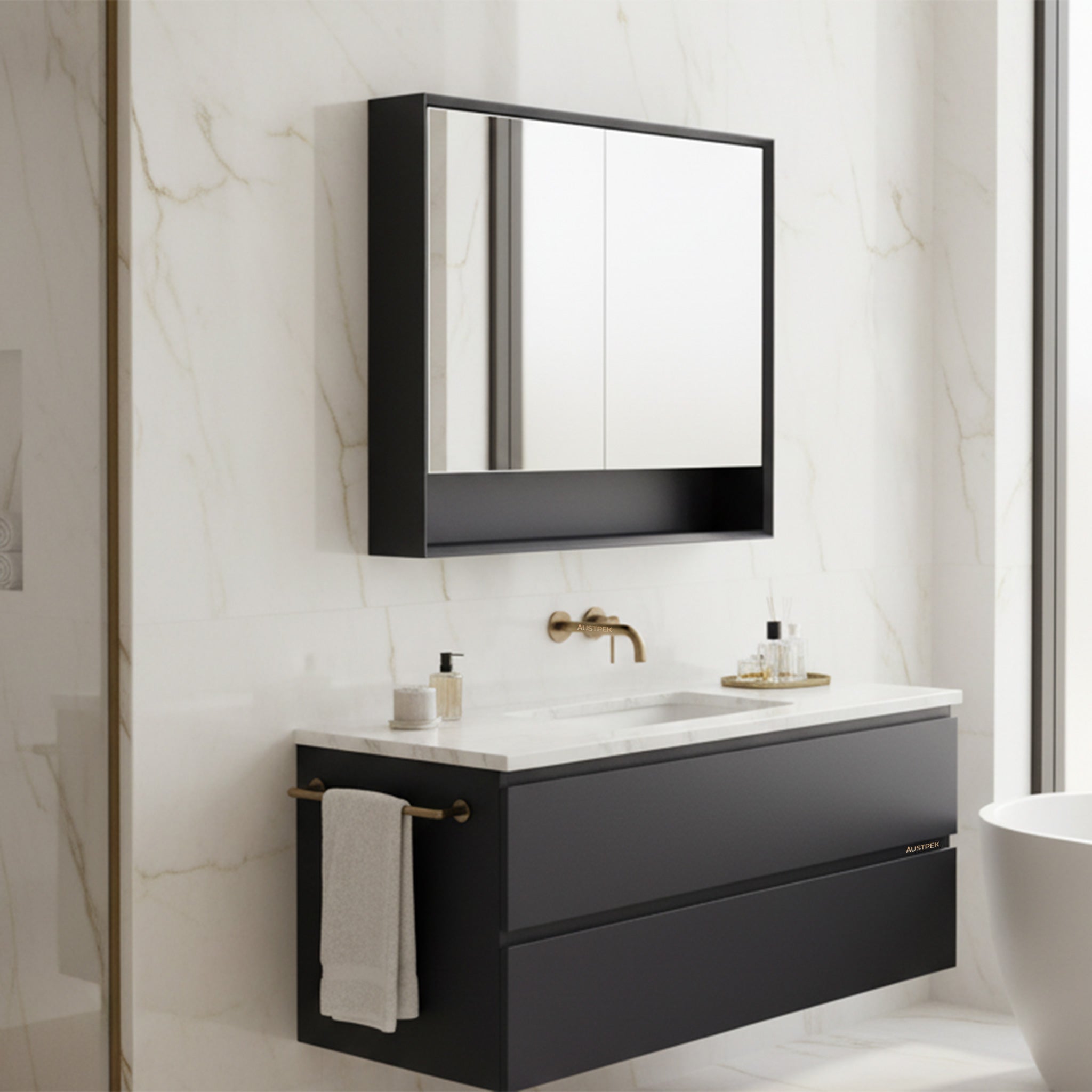 POSEIDON PETRA MATTE BLACK SHAVING CABINET 900X750MM