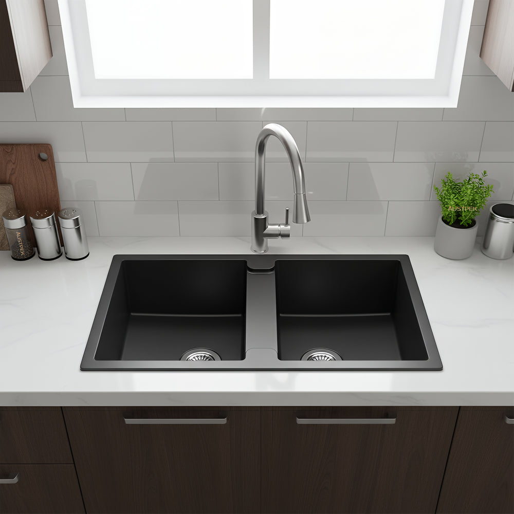 POSEIDON QUARTZ DOUBLE BOWL KITCHEN SINK MATTE BLACK 860MM