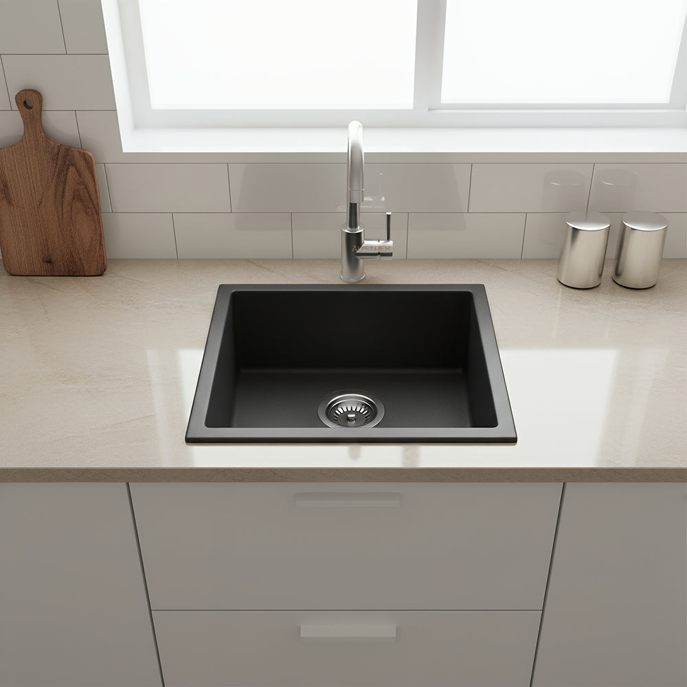 POSEIDON QUARTZ SINGLE BOWL TOP / UNDERMOUNT KITCHEN SINK MATTE BLACK 381MM