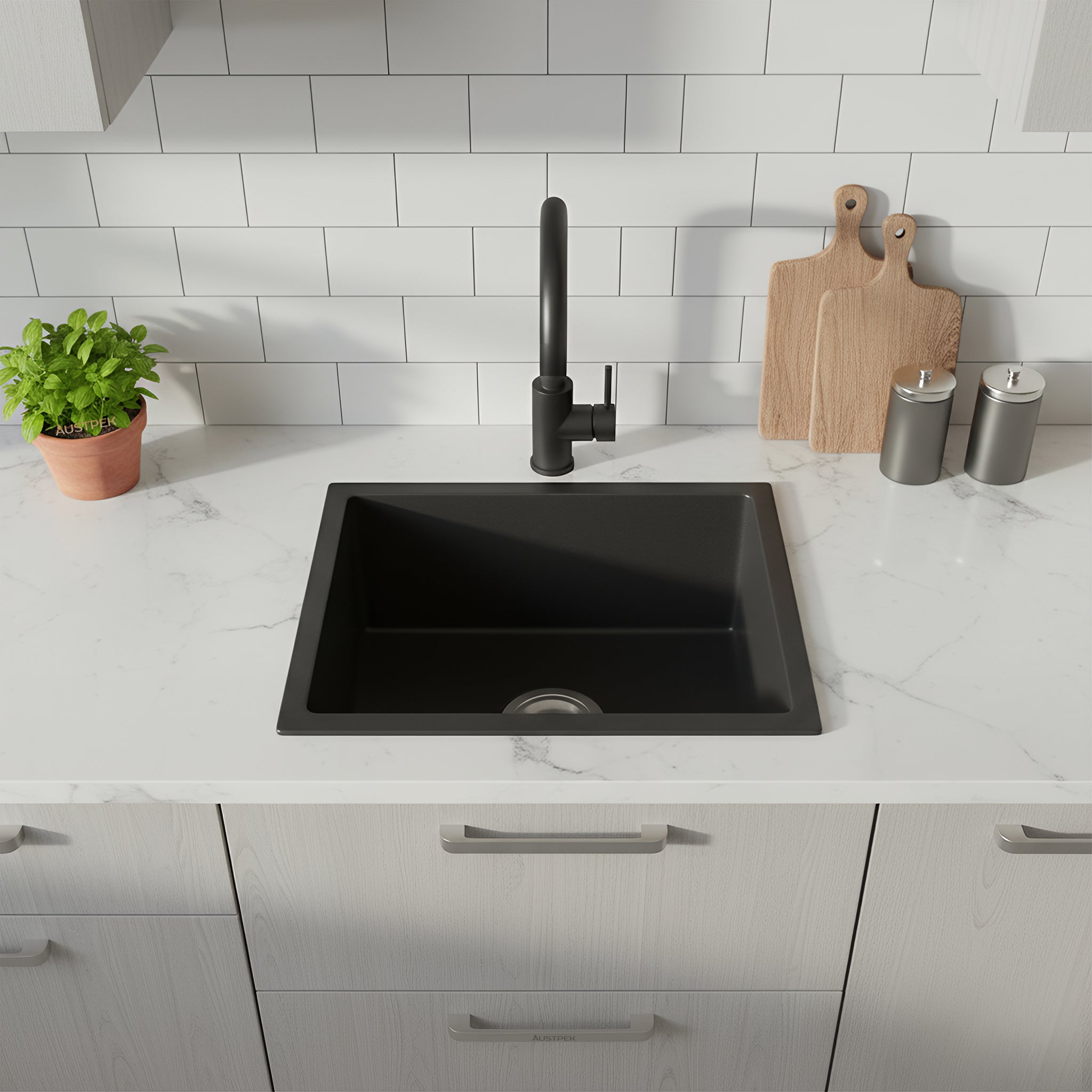 POSEIDON QUARTZ UNDERMOUNT KITCHEN SINK MATTE BLACK 432MM