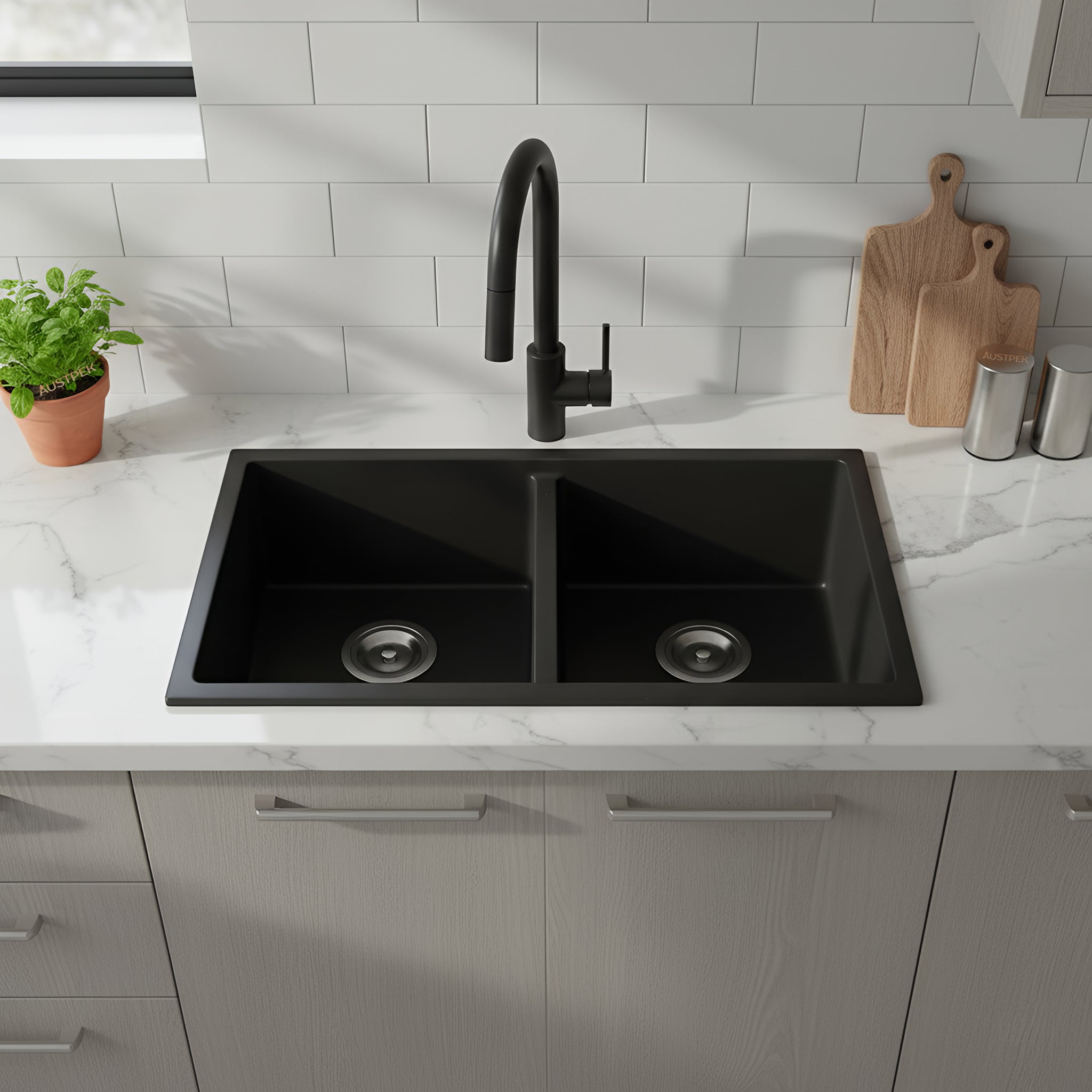 POSEIDON QUARTZ UNDERMOUNT KITCHEN SINK MATTE BLACK 813MM