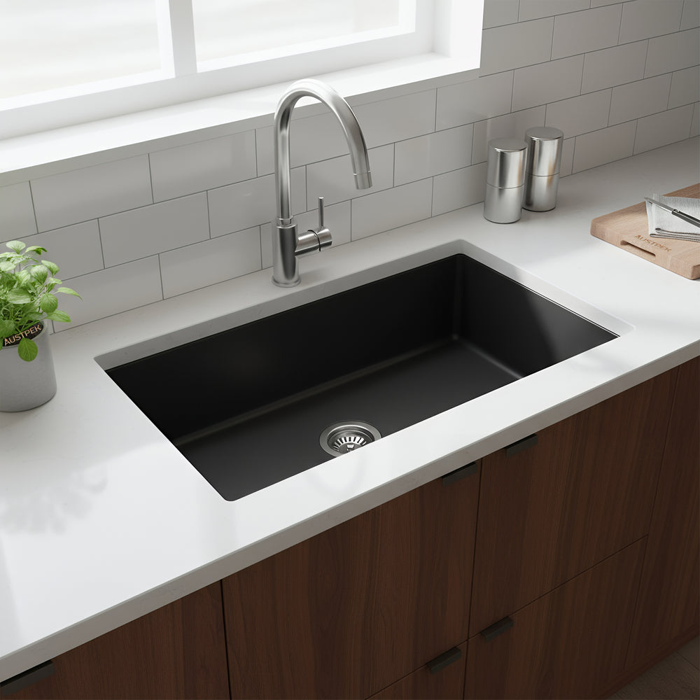 POSEIDON QUARTZ UNDERMOUNT KITCHEN SINK MATTE BLACK 838MM