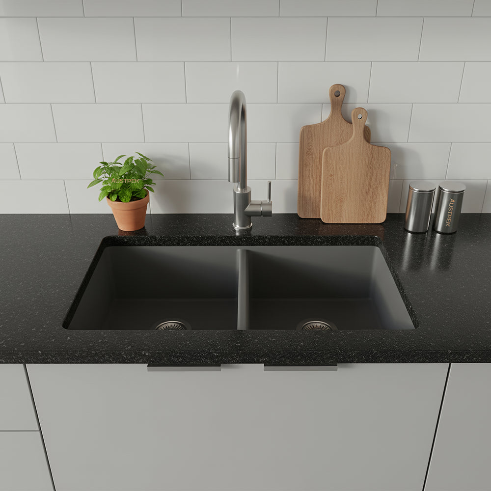 POSEIDON QUARTZ DOUBLE BOWL UNDERMOUNT KITCHEN SINK MATTE GREY 838MM