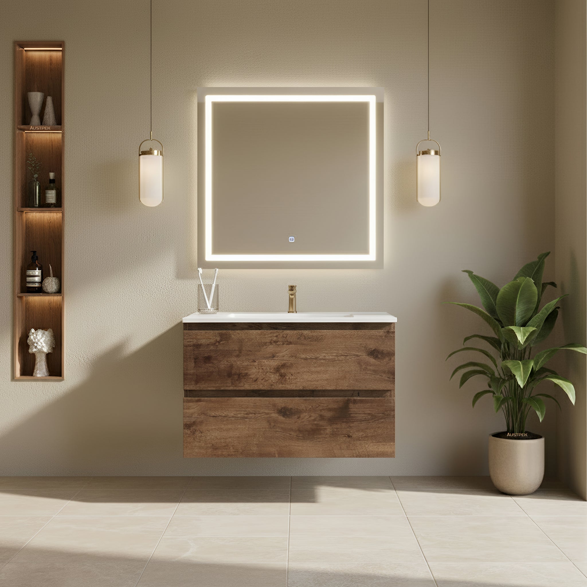 POSEIDON QUBIST DARK OAK 750MM WALL HUNG VANITY