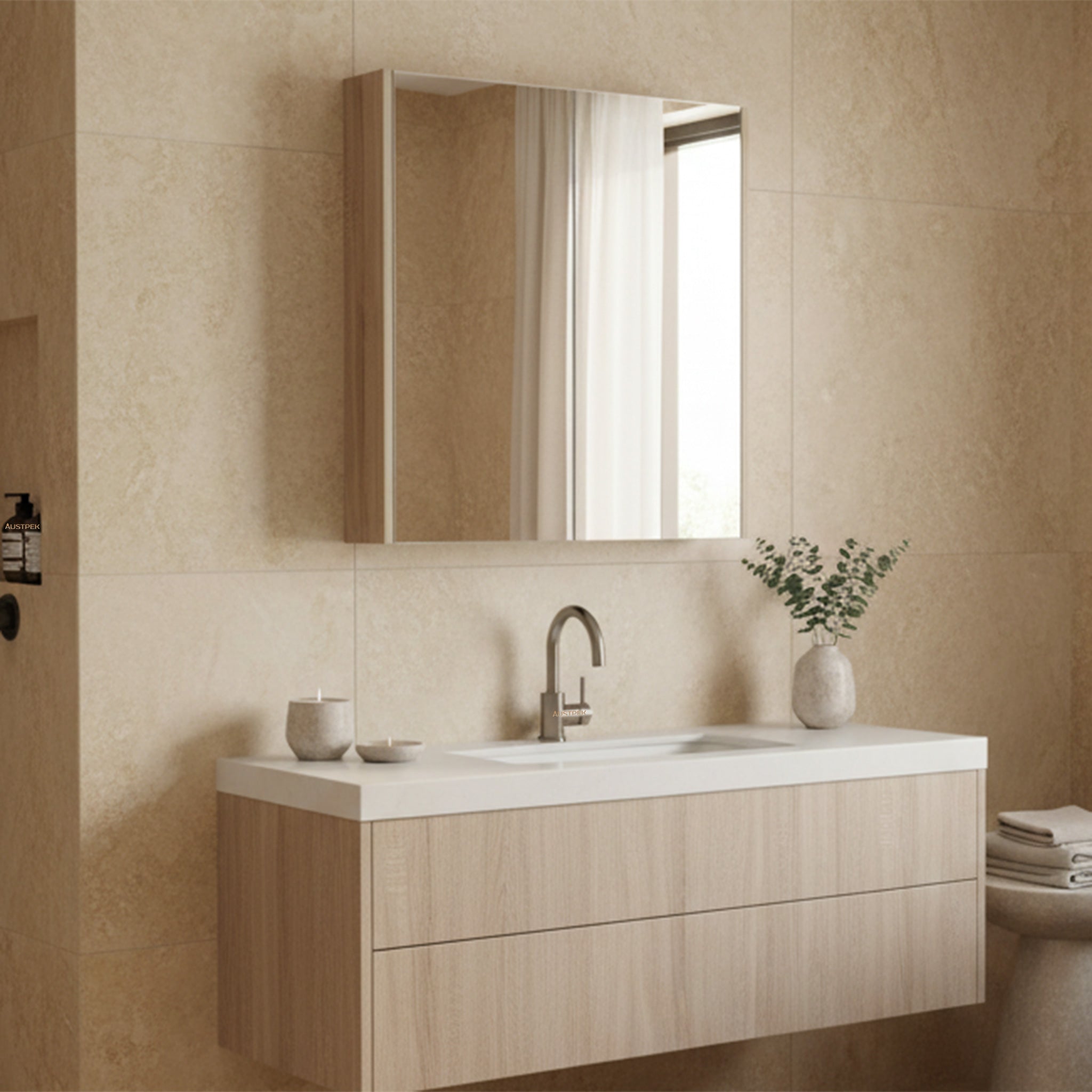 POSEIDON QUBIST WHITE OAK MIRROR SHAVING CABINET 600X720MM