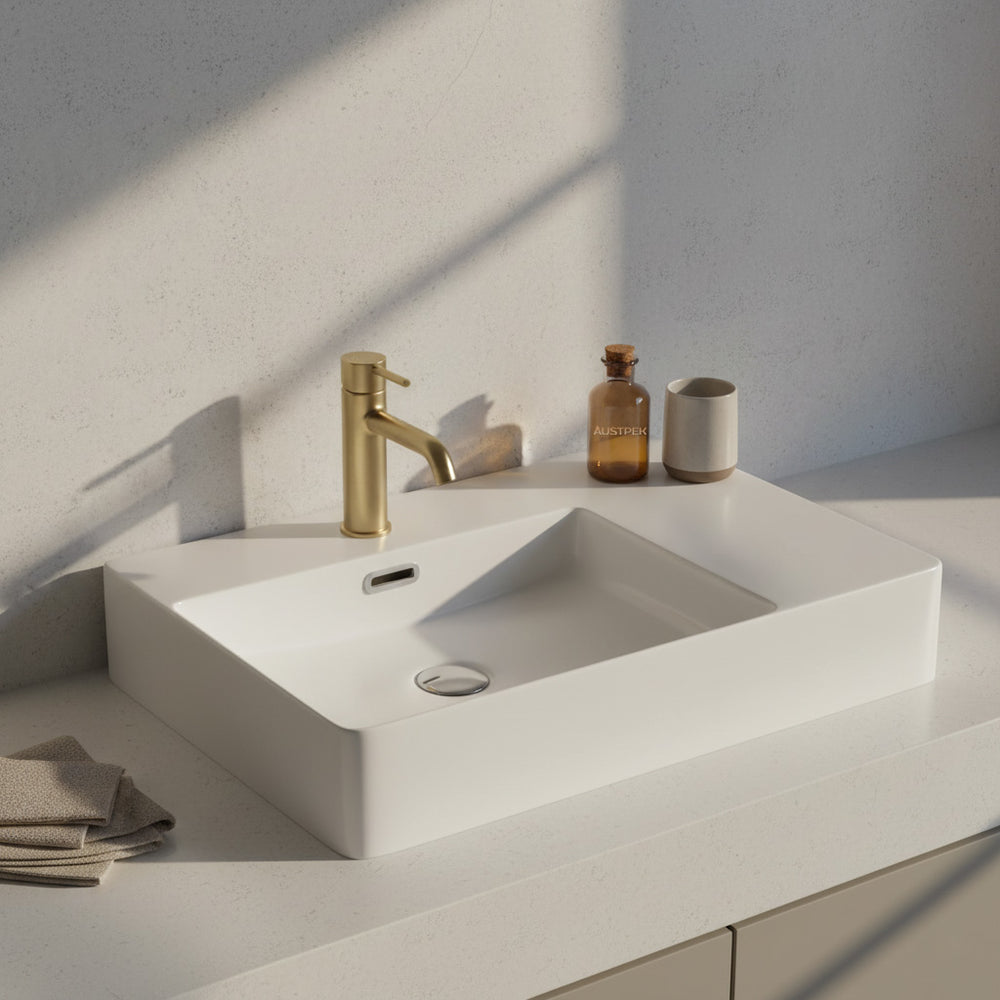 POSEIDON WALL HUNG / ABOVE COUNTER BASIN WITH LEFT HAND BOWL GLOSS WHITE 600MM