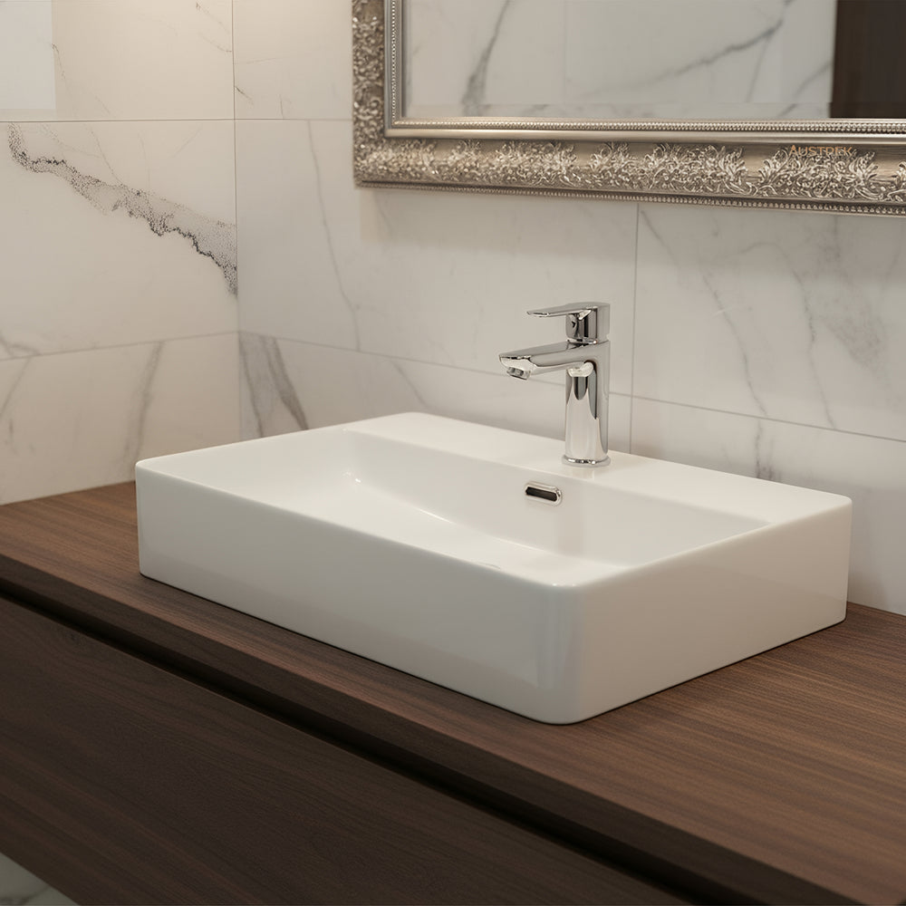 POSEIDON WALL HUNG / ABOVE COUNTER BASIN WITH OVERFLOW GLOSS WHITE 600MM