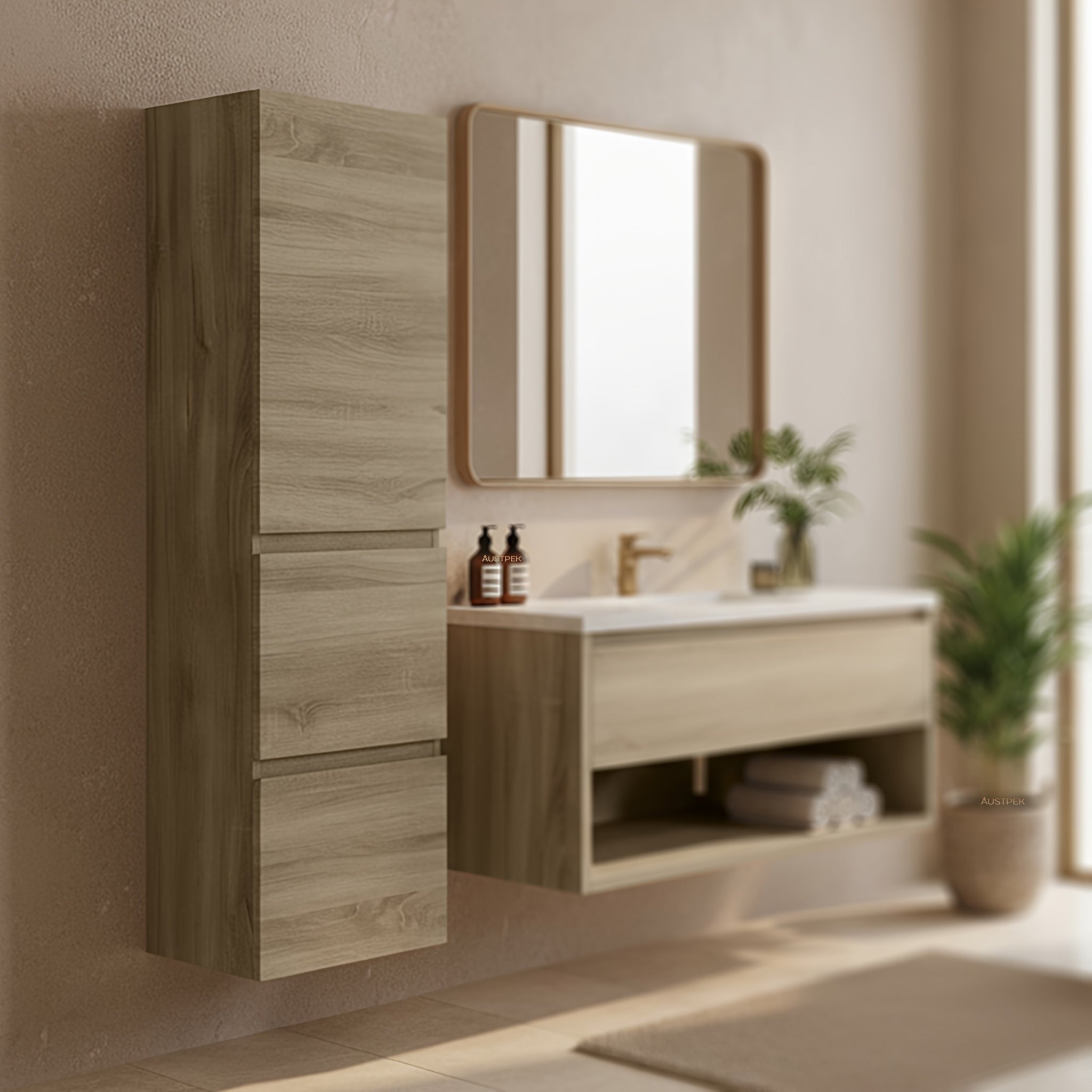 POSEIDON WALL HUNG TALL BOY WHITE OAK 400MM X 1350MM