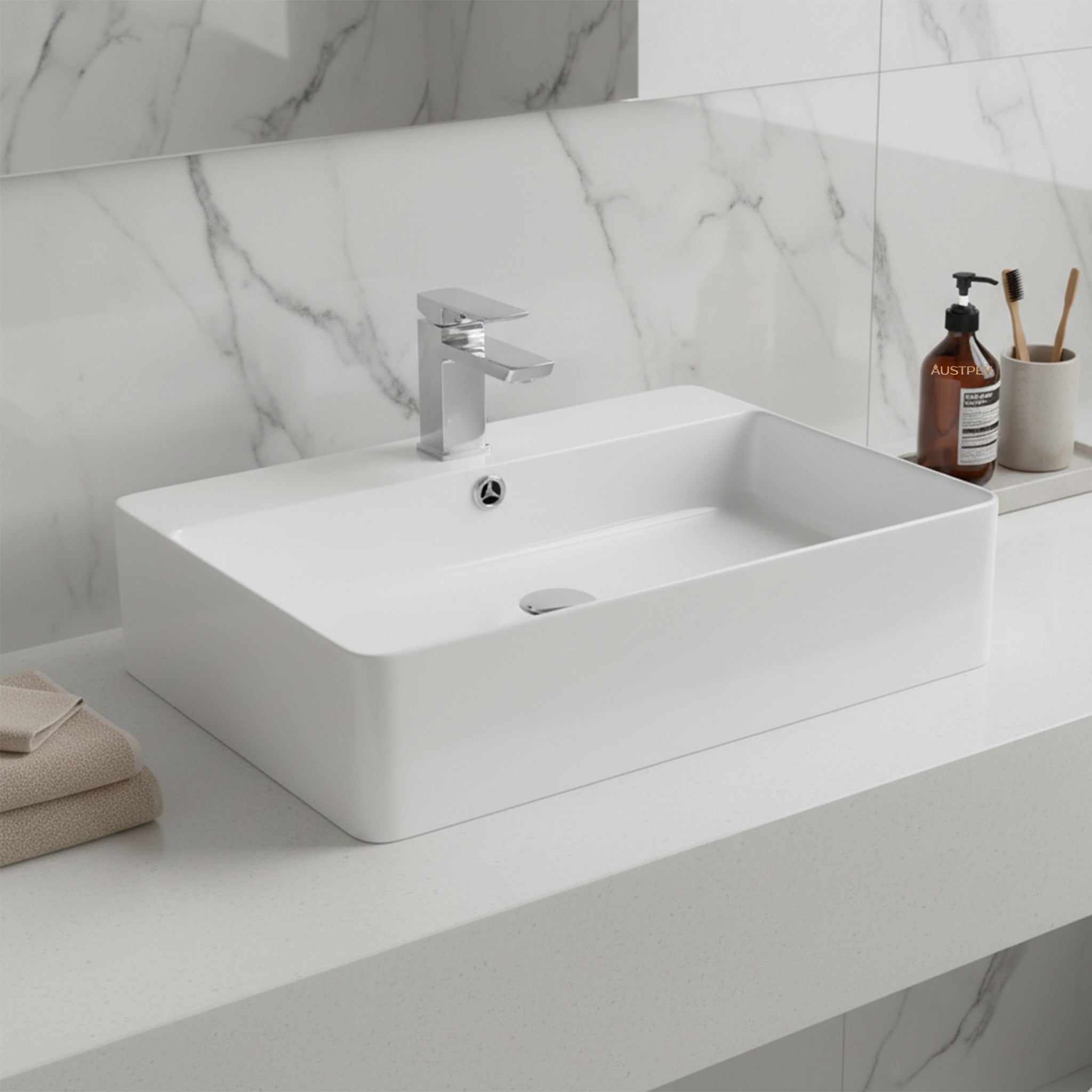 POSEIDON FINE CERAMIC WALL HUNG BASIN ULTRA SLIM GLOSS WHITE 600MM