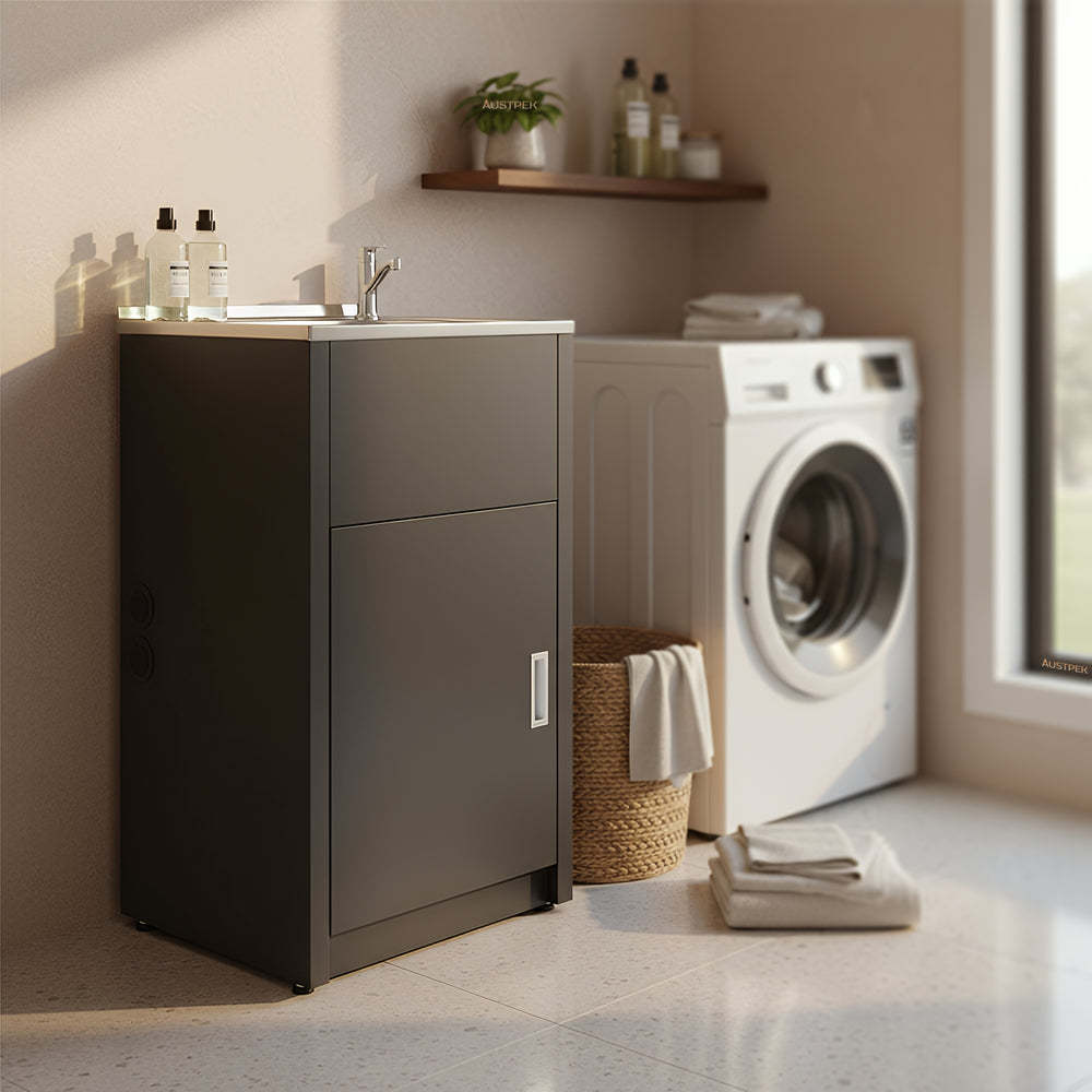 POSEIDON LAUNDRY CABINET AND STAINLESS STEEL TUB 455MM MATTE BLACK
