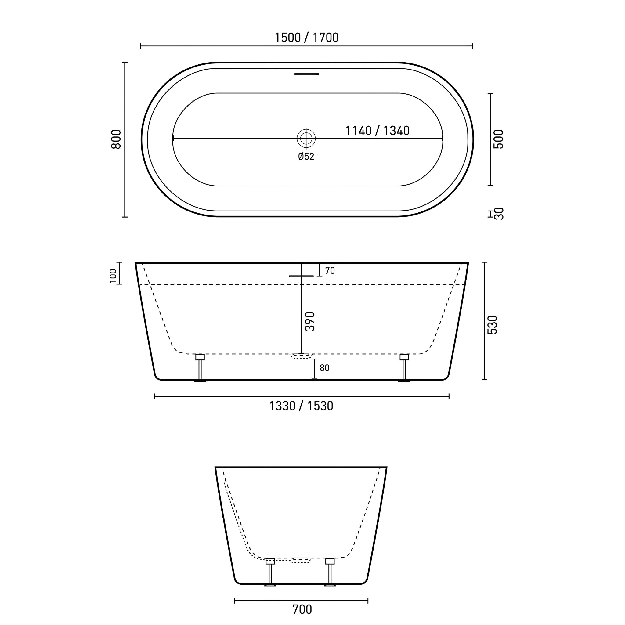 DECINA PREZZO FREESTANDING BATH WITH INTEGRATED OVERFLOW GLOSS WHITE (AVAILABLE IN 1500MM AND 1700MM)