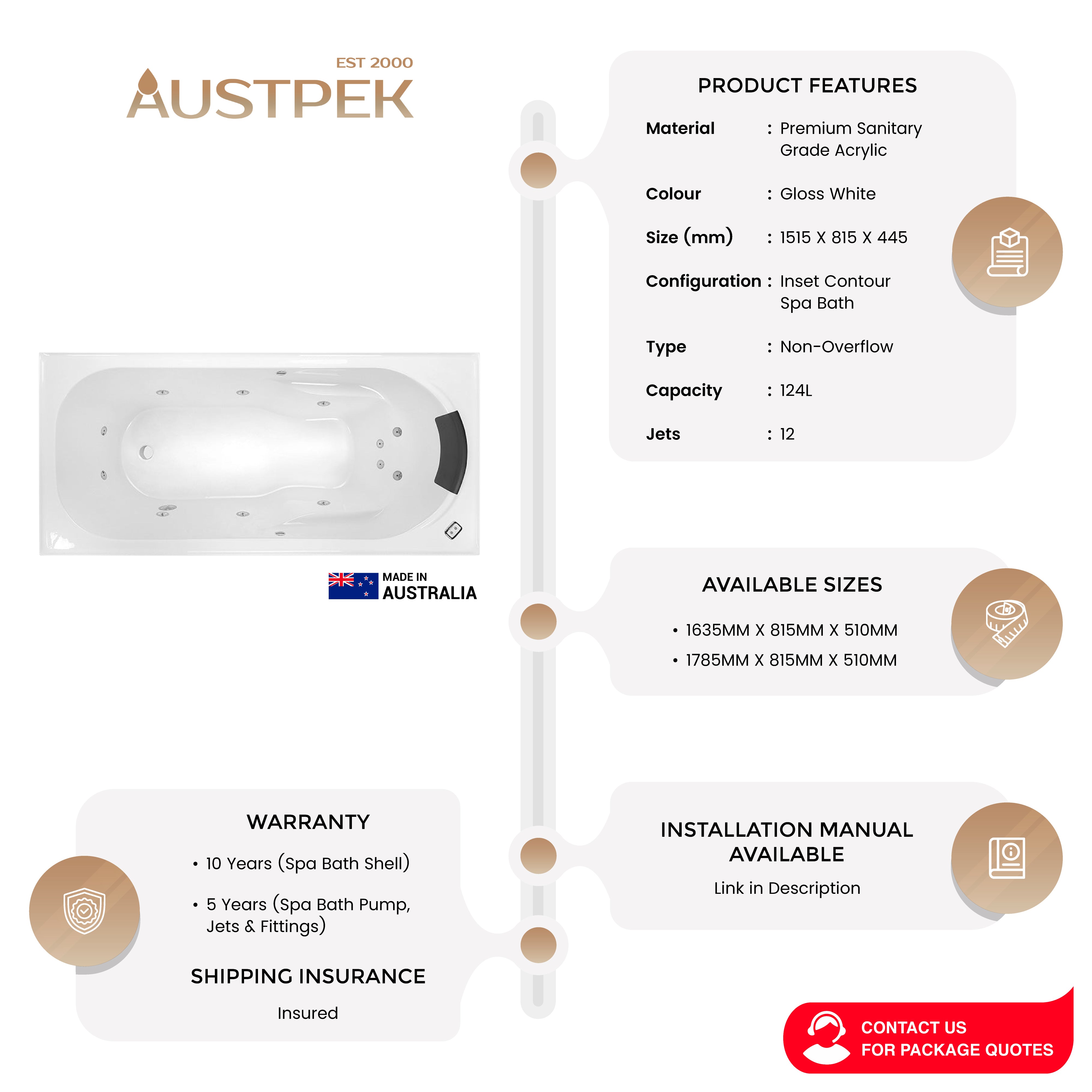 DECINA PRIMA INSET CONTOUR SPA BATH GLOSS WHITE (AVAILABLE IN 1515MM, 1635MM AND 1785MM) WITH 12-JETS