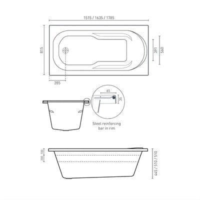 DECINA PRIMA INSET CONTOUR SPA BATH GLOSS WHITE (AVAILABLE IN 1515MM, 1635MM AND 1785MM) WITH 12-JETS