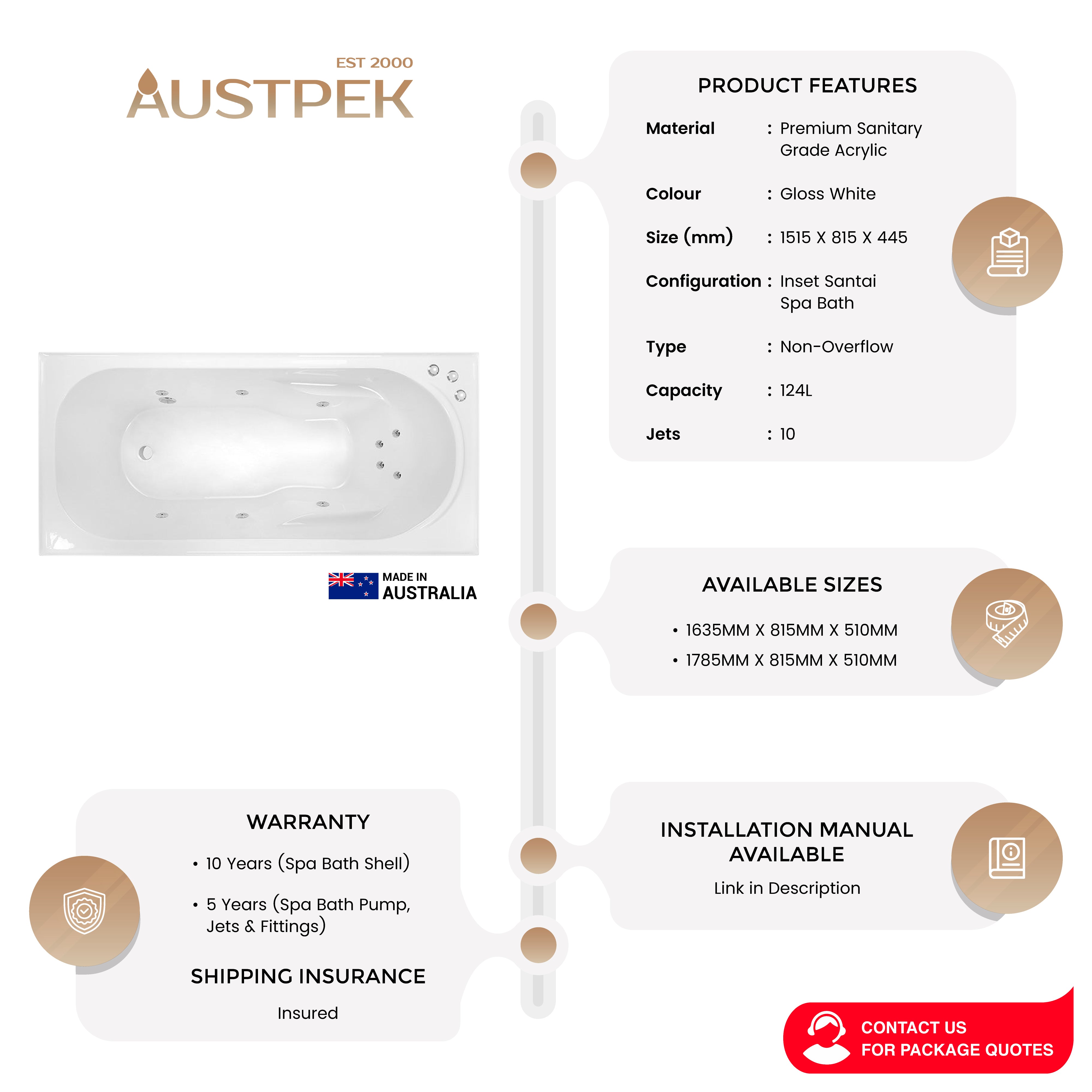 DECINA PRIMA INSET SANTAI SPA BATH GLOSS WHITE (AVAILABLE IN 1515MM, 1635MM AND 1785MM) WITH 10-JETS